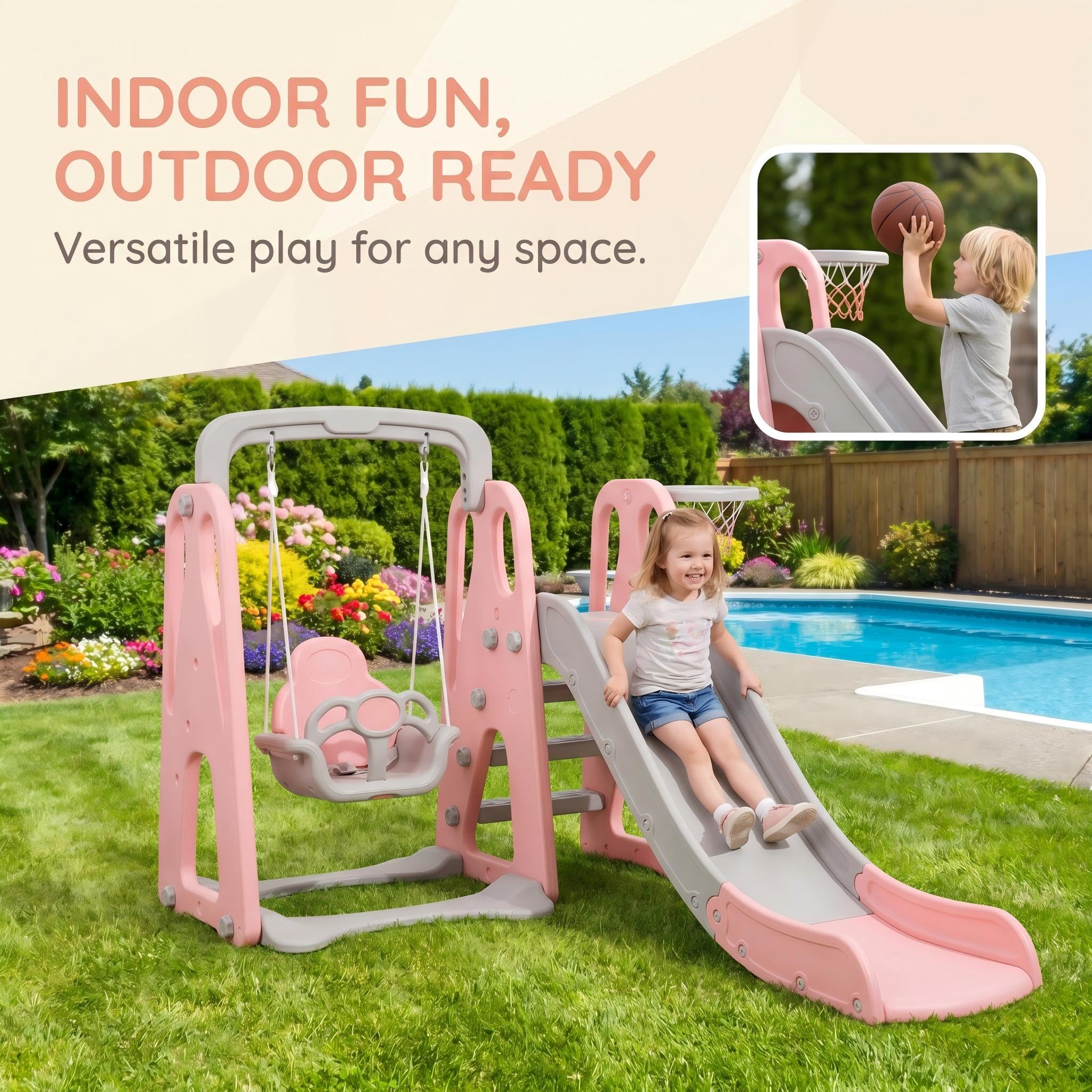 Tobogán al aire libre infantil, 4 en 1 columpio con tobogán con toboganes, escaleras, columpios y cestas de baloncesto, aplicable niños físicos completos casas jardines de infancia parques