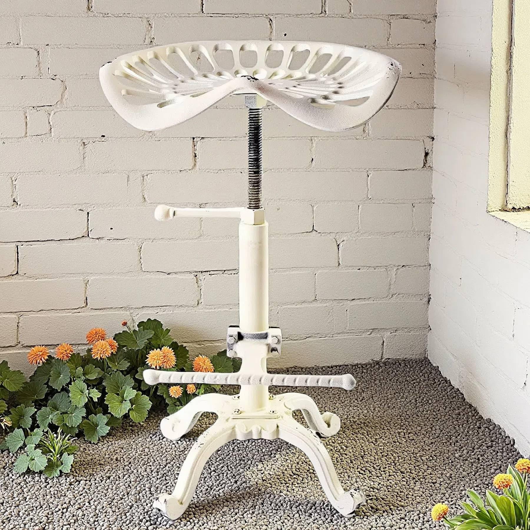 Diwhy Rustic Industrial Farmhouse Tractor Seat Adjustable Height 21.65-27.56in Bar Stool Industrial Bar Chair (Aged White, Cast Iron)