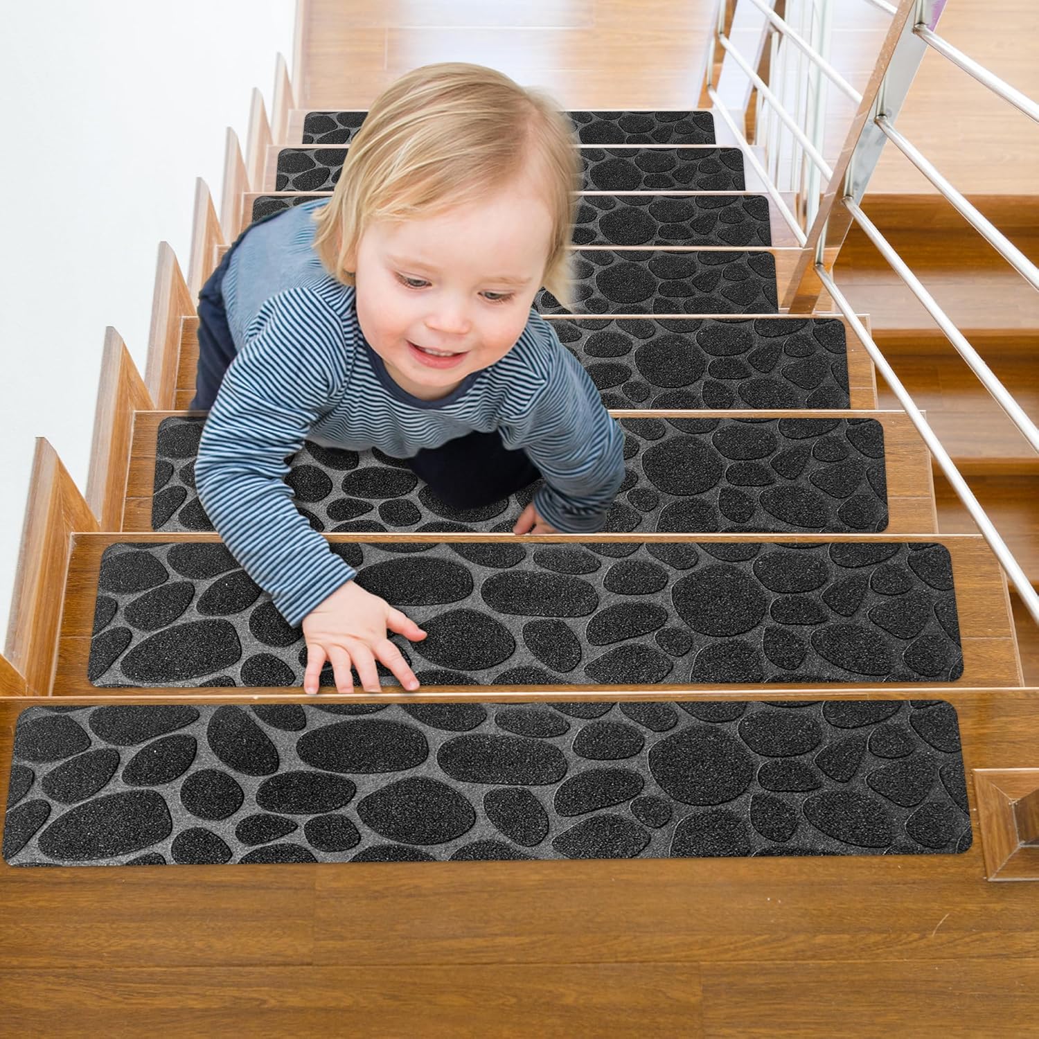 Self Adhesive Residue Free Machine Washable Reusable Stair Treads Non Slip Steps – 100% Polyester Heavyduty TPE Backing Wooden Stair Runner Indoor – 4 Pack 30″X8″ Anti Slip Mats – Stone Black