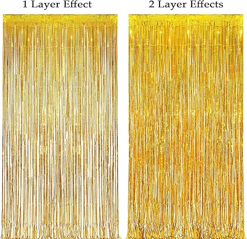 Miniatura 6 de 4 telón de fondo de flecos dorados de 12.8 x 8.2 pies, cortina de flecos de oropel metálico con purpurina, cortina de telón de fondo dorado para