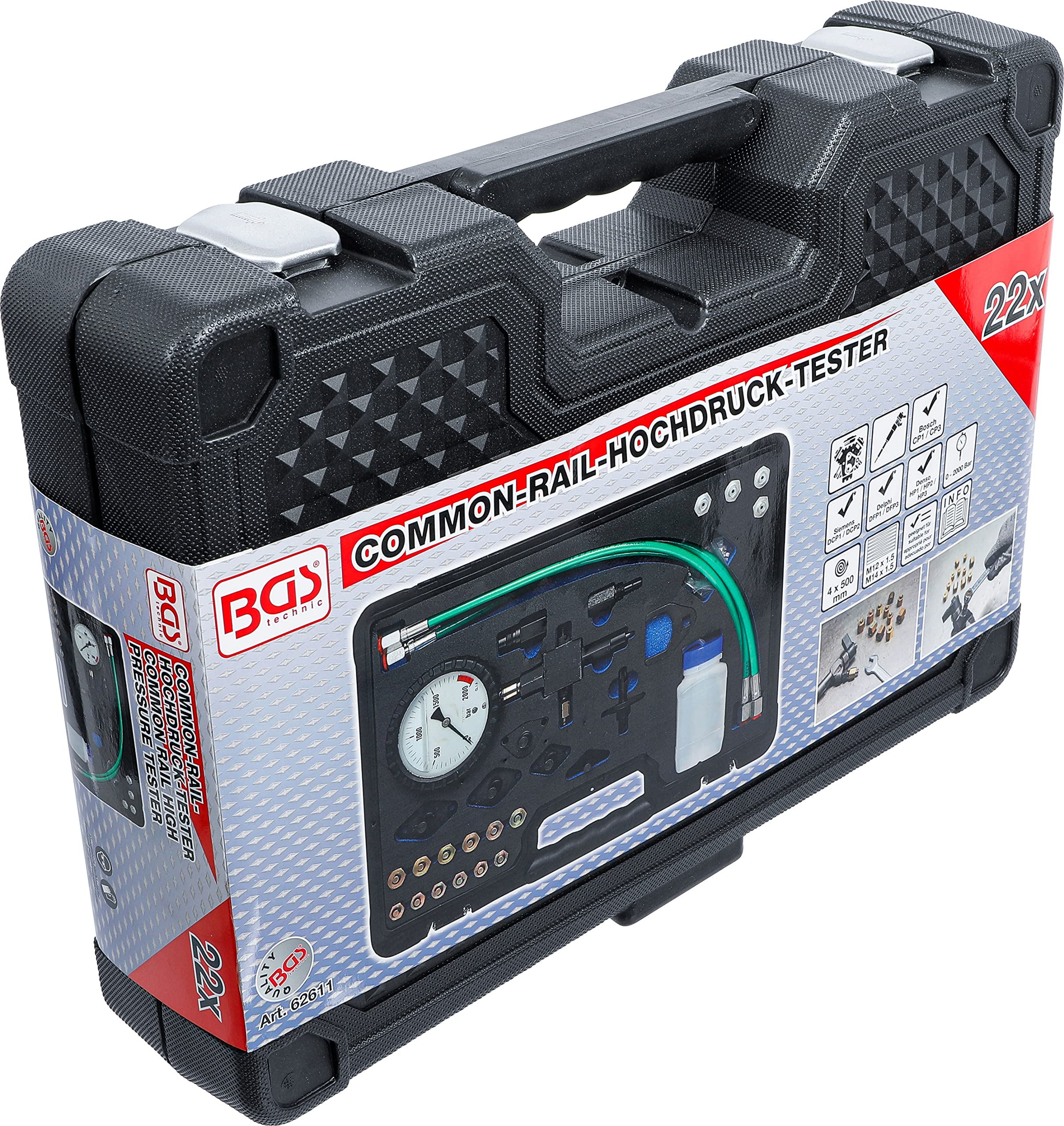 BGS 62611 | Comprobador de Common Rail de alta presión | Para sistemas CR Bosch CP1/CP3, Siemens DCP1/DCP2, Delphi DFP1/DFP3, Denso HP1/HP2/HP3, 4 mangueras de medición de 500 mm