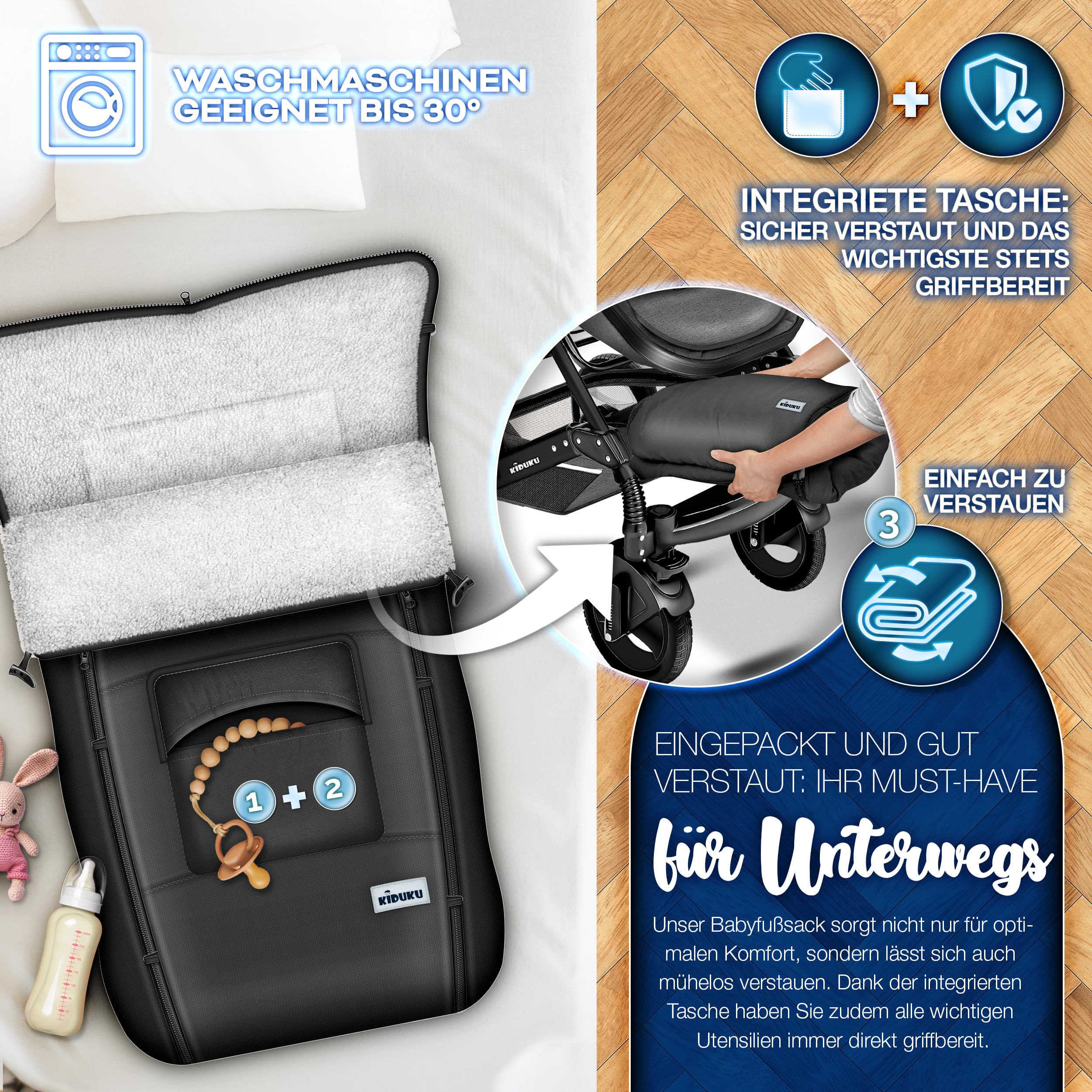 KIDUKU Winterfußsack für Kinderwagen Buggy - Babyfußsack waschbar | Fußsack Babyschale mit Reißverschluss & Tasche