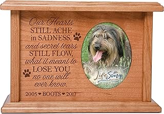 LifeSong Milestones Personalized Pet Cremation Keepsake Urn Box Holds 2x3 Photo Cherry Wood Engraved Urn and Picture Frame for Loss of Dog and Cat Bereavement Gift for Pet Lover Our Hearts Still ACHE
