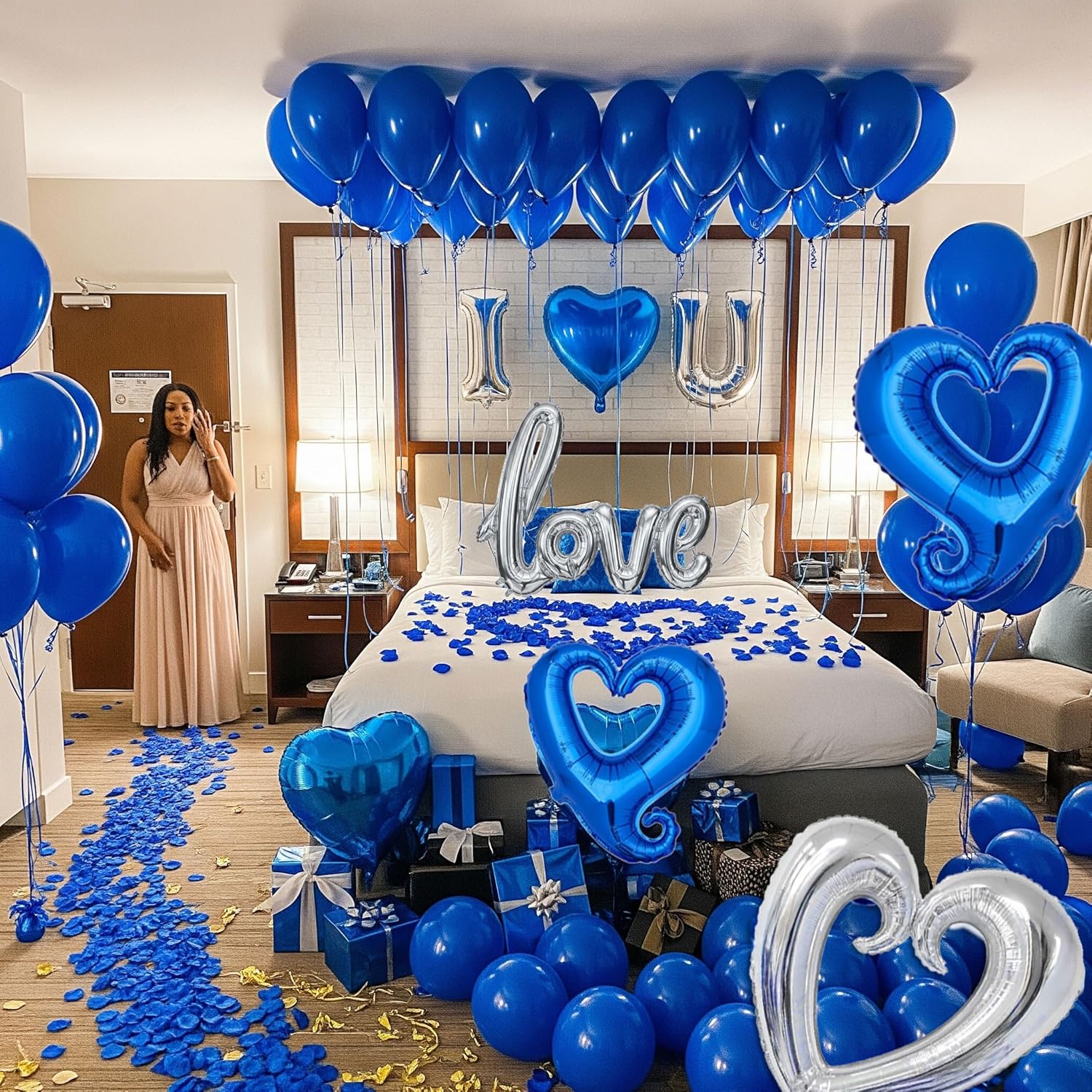 I Love You Balloons for Him/Her Balloons Royal Blue Sliver romantic balloon kit with blue heart mylar balloons blue rose petals for hotel Decorations Valentines Party wedding anniversary supplies - Image 5