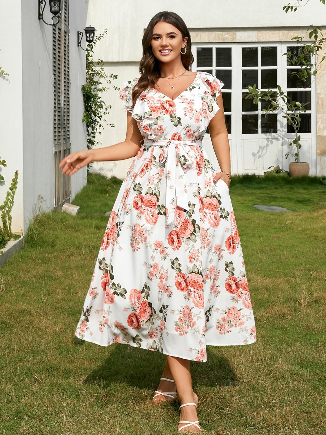 Plus Size Dresses for Women Summer Floral Wedding Guest Maxi Dress Formal V Neck Beach Party Long Dresses with Pocket