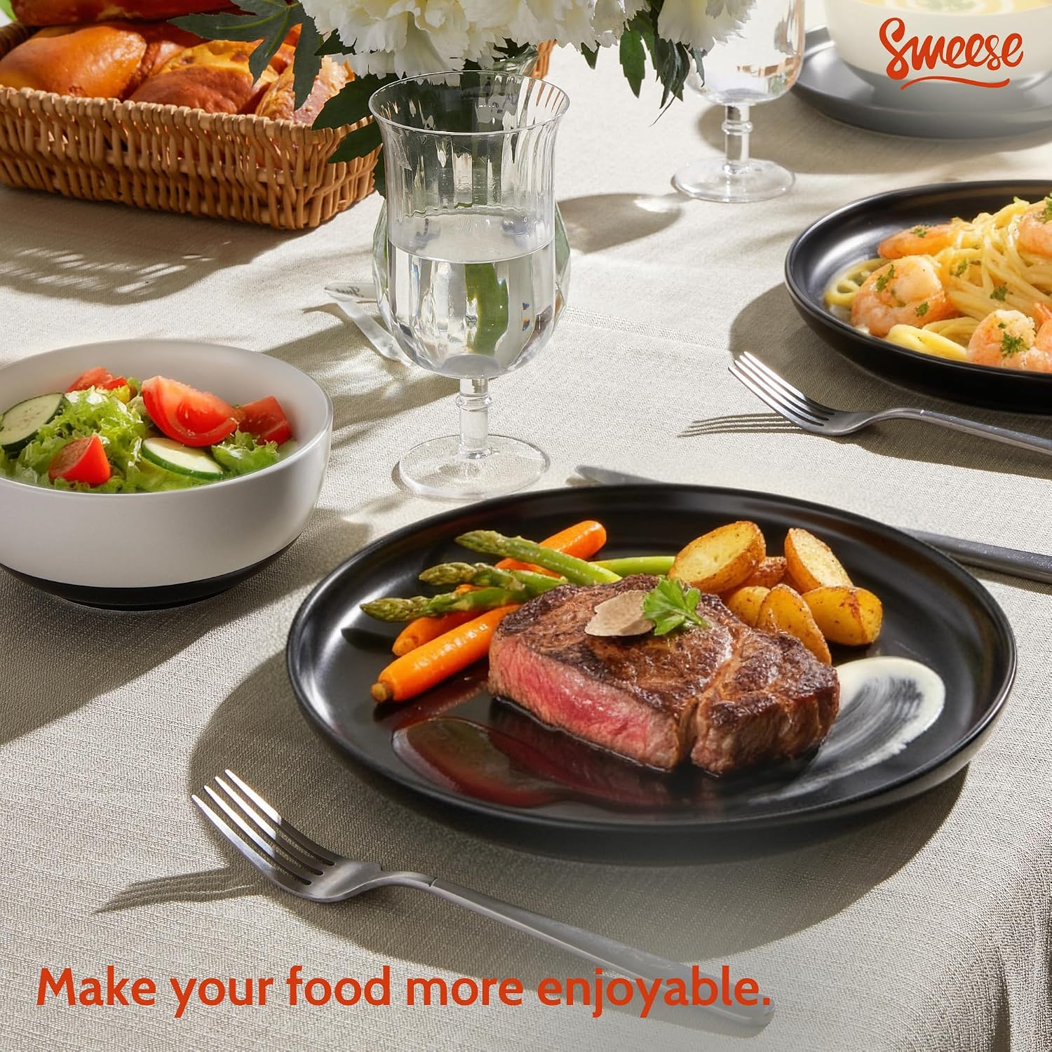 Sweese Dinnerware Sets Service for 6, 18 pcs Matte Glaze Plates and Bowls Sets, Handmade Porcelain Dish Set, Highly Chip and Crack Resistant Modern Dinner Set, Black White image 3