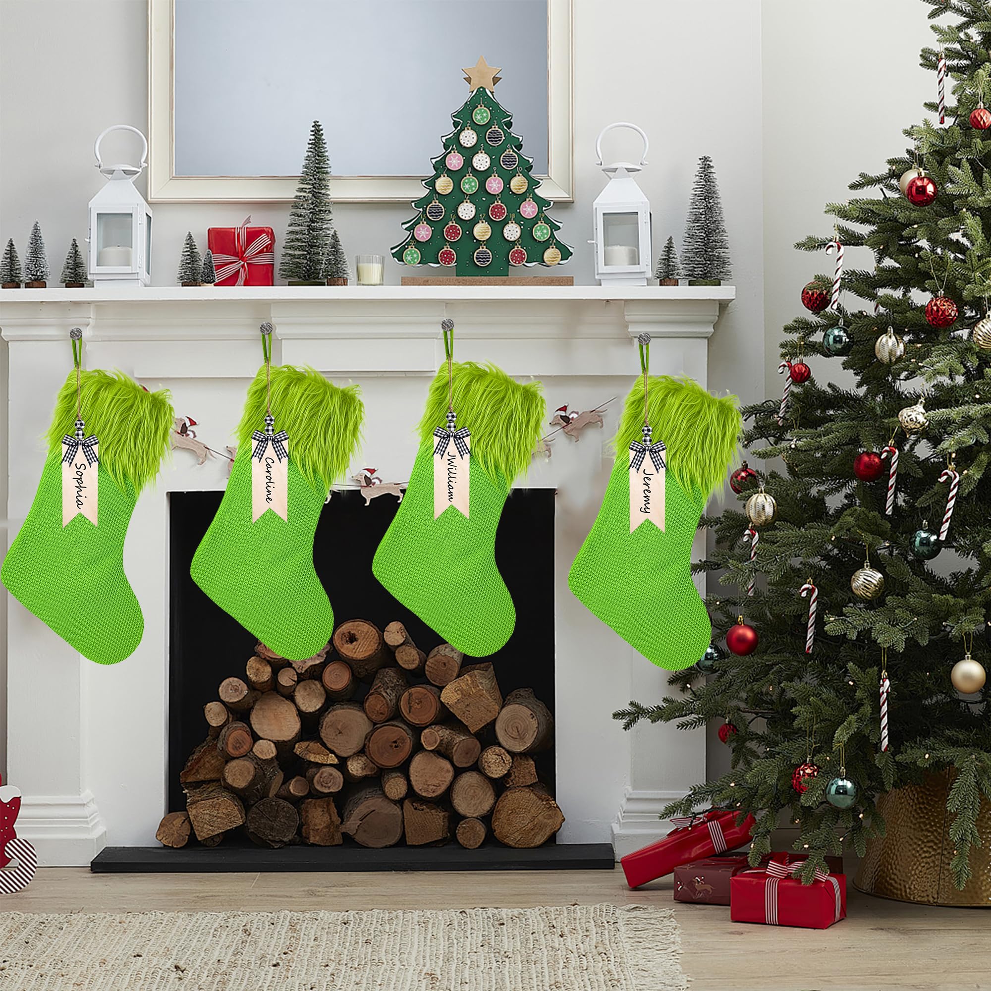 Calza di Natale in peluche verde da 18 pollici con etichetta di nome Decorazione natalizia da appendere Regalo