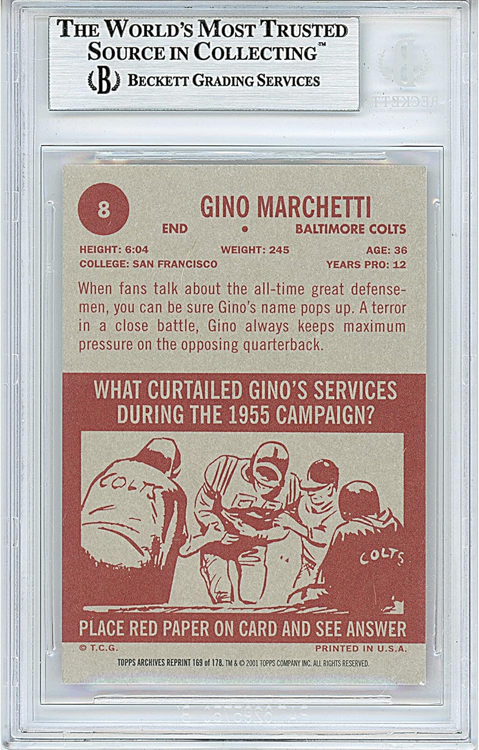 Gino Marchetti Autographed 2001 Topps Archives 1963#169 Football Trading Card Slab Beckett BAS Authentic Slabbed COA Played For Baltimore Colts NFL