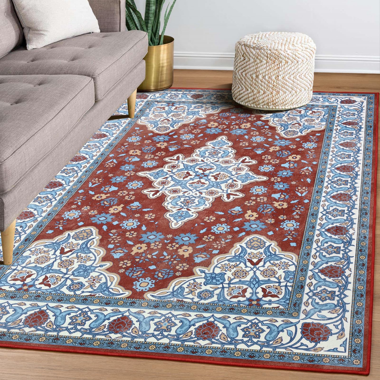 Unirea Vintage Washable Rug 4x6, Floral Print Area Rug for Bedroom Living Room Entryway Dining Room Accent Rugs, Soft Distressed Non Slip Low-Pile Indoor Floor Carpet, Brick/Blue