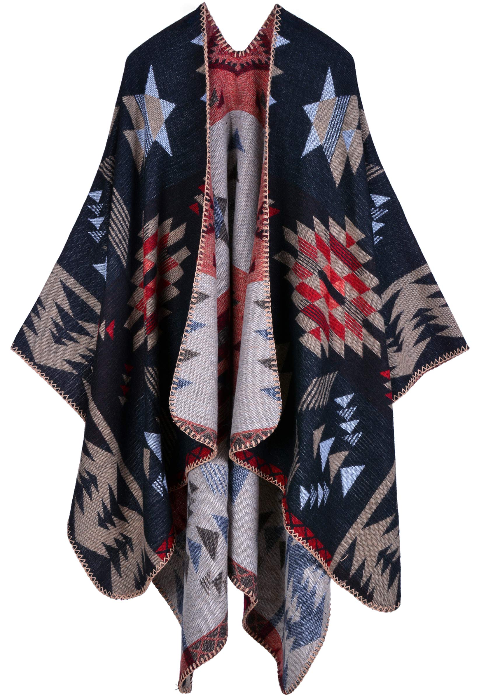 Womens Reversible Oversized Blanket Poncho Cape Shawl Cardigans (One Size, Geometric patterns/Black&Coffee)