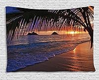 Vista 90 de Ambesonne Tapiz de isla tropical, olas del océano en la playa de Seychelles al atardecer horizonte, decoración de tela para colgar en la pared