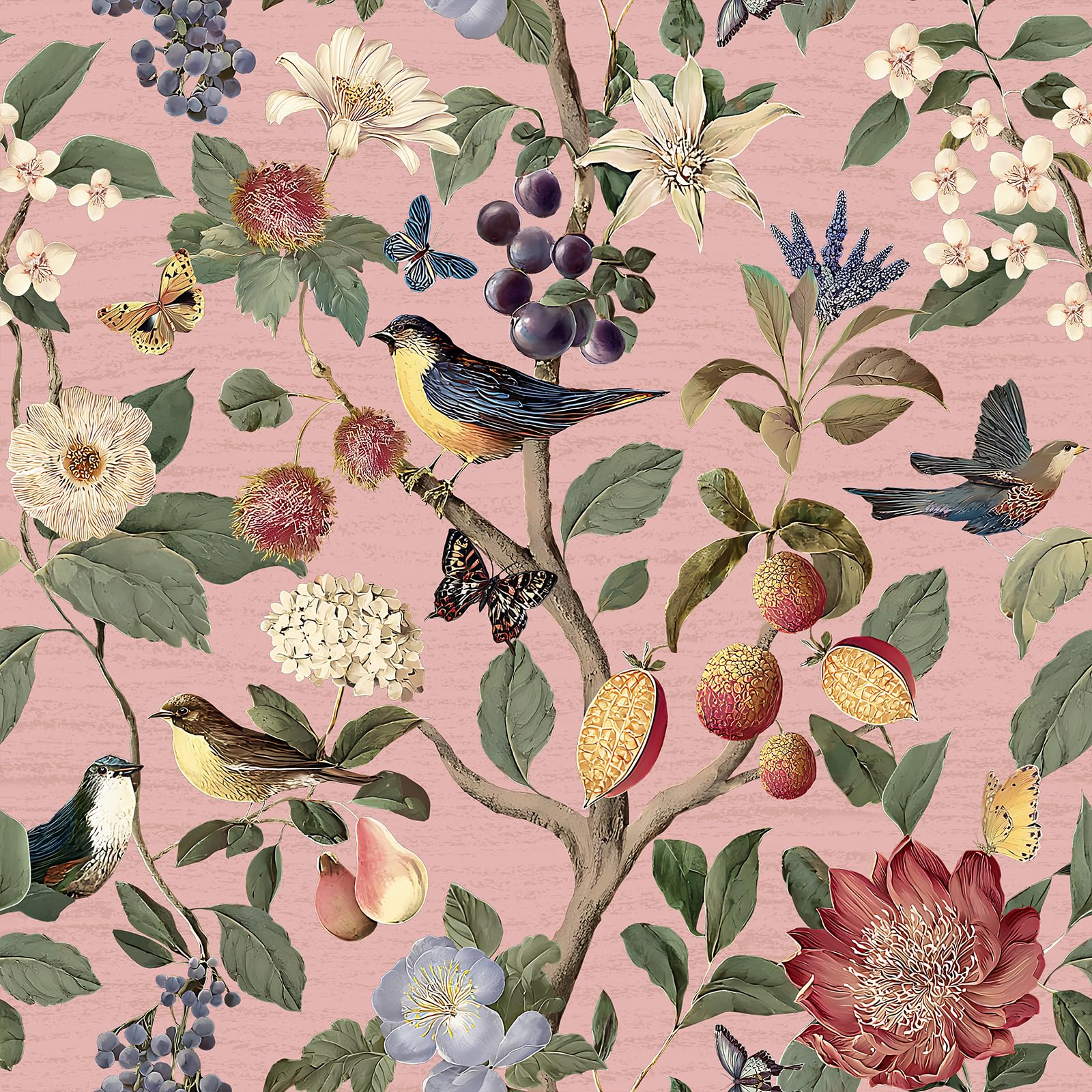 Photo 1 of VEELIKE Pink Chinoiserie Bird Wallpaper - 17.7"x354"