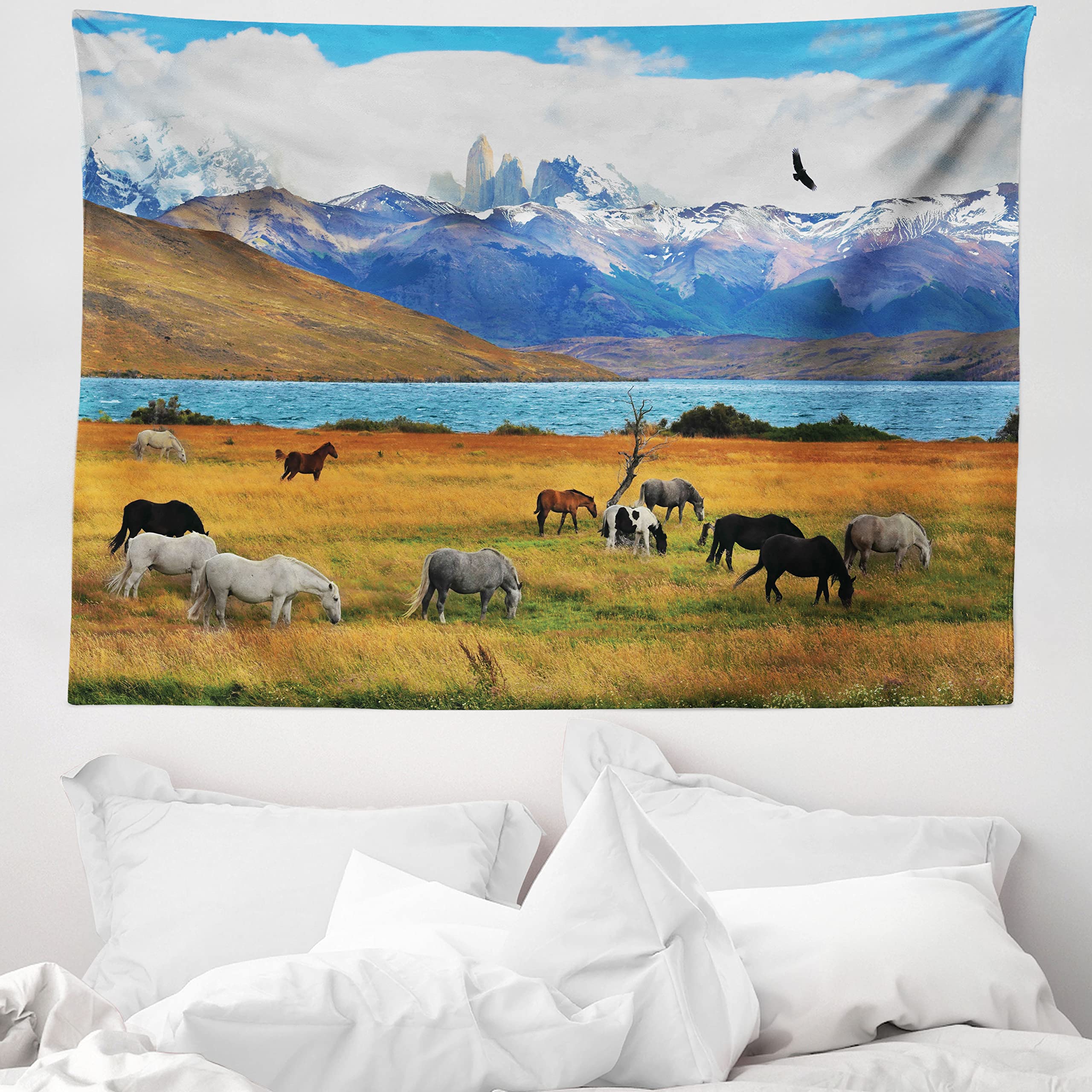 ABAKUHAUS Scenery Tapestry, Animal Farm with Horses in the Vast Combe with Mountains Desert Art Photograph