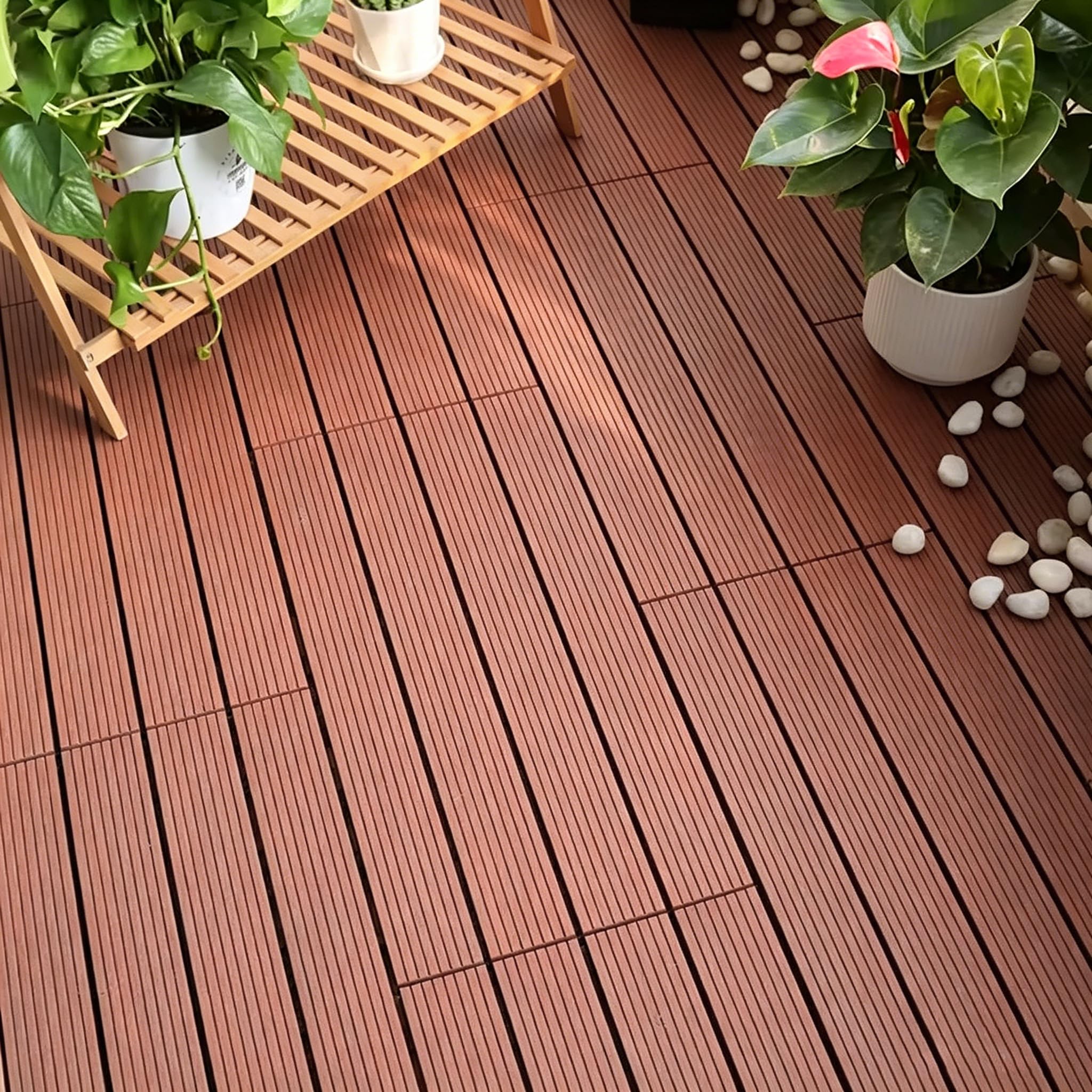 WPC Baldosas de Terraza 60x30cm Losetas Aspecto de Madera Placas con Red de Drenaje de Plástico Resistentes a Intemperie Juego de 6 Revestimientos para Suelo de 1m² Exterior Balcón (Marrón)