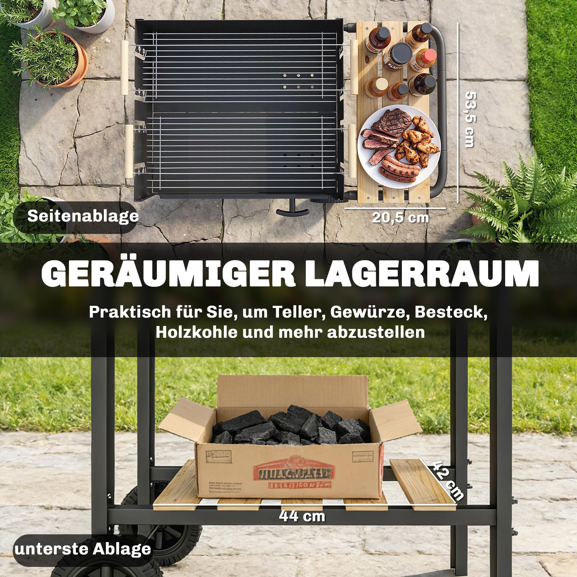 Outsunny Barbecue a carbonella con griglia regolabile in altezza in 4 posizioni, 2 ripiani in legno, 2 ruote, contenitore per cenere, carbone mobile, per 10 persone, per terrazze, picnic, feste, 99,5