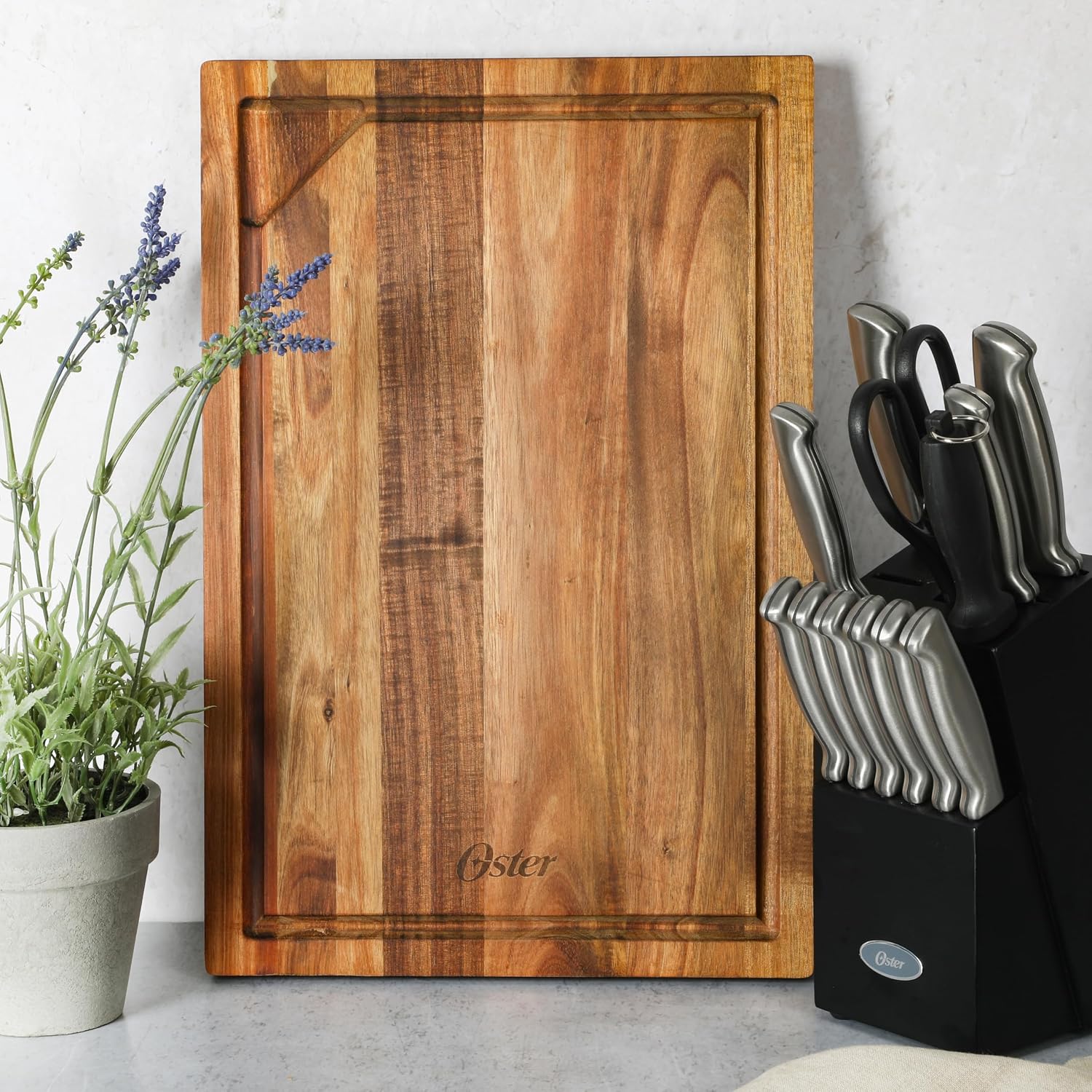 Oster Thornwood 18 x 12 Inch Acacia Wood Cutting Board with Juice Grooves – Durable, Heavy Duty Chopping Board for Kitchen Prep