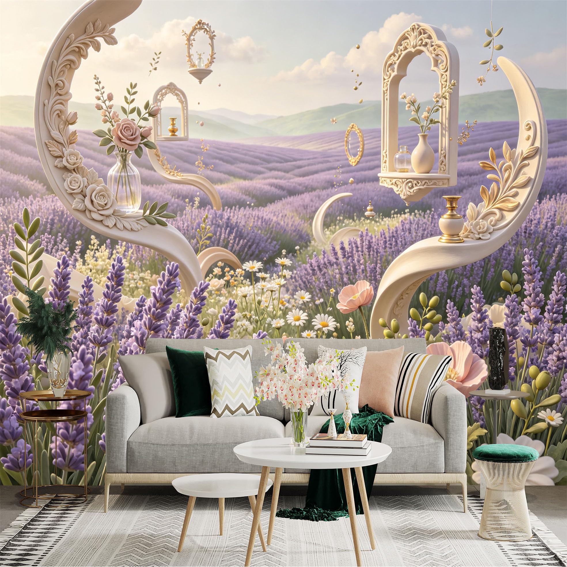 Lnzczhyre Bh260719464 Custom Size Wall Sticker Mural， Lavender Fields， Surreal Floral Archways， Vases And Dreamy Garden Scenery， For Wall Decoration， Peelandstick Wall Decals.