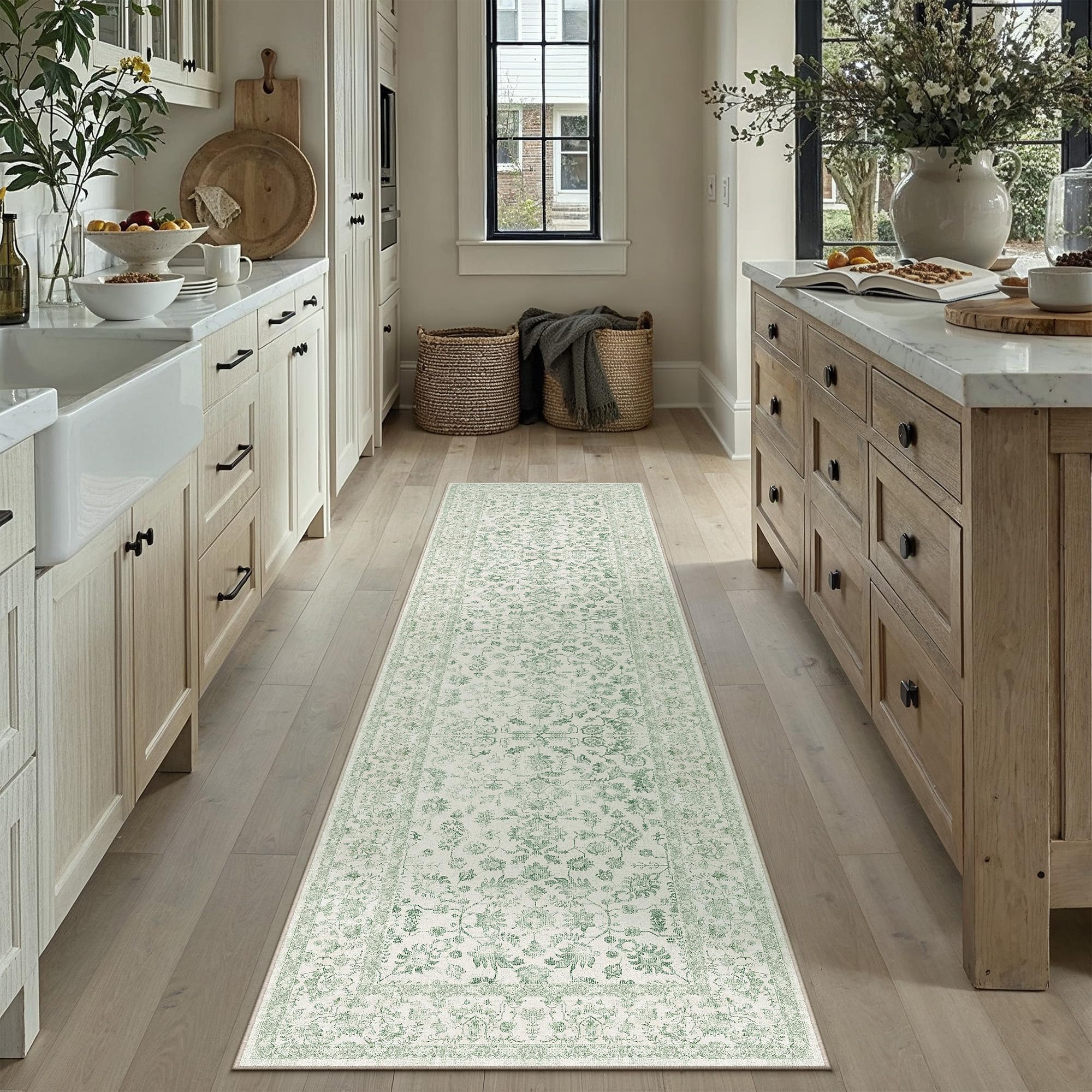 PureCozy Runner Rugs for Hallway 60x240cm Long Vintage Floral Area Rug Washable Non Slip Bobo Lounge Bedroom Kitchen Bedside Office Corridor Indoor Bathroom Carpet Dining Living Room, Green