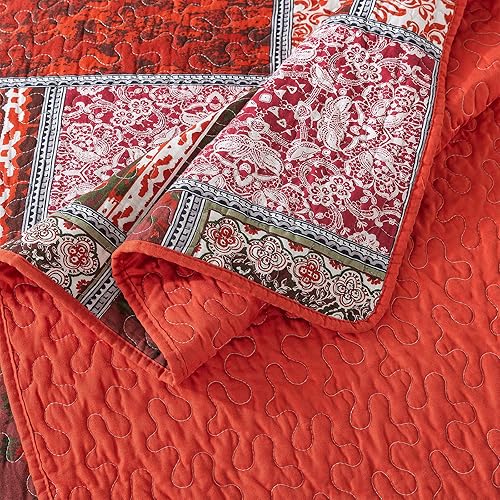 Miniatura 7 de NEWLAKE - Juego de colchas de algodón, juego de cubiertas de retazos, reversible, patrón azul clásico bohemio, tamaño king