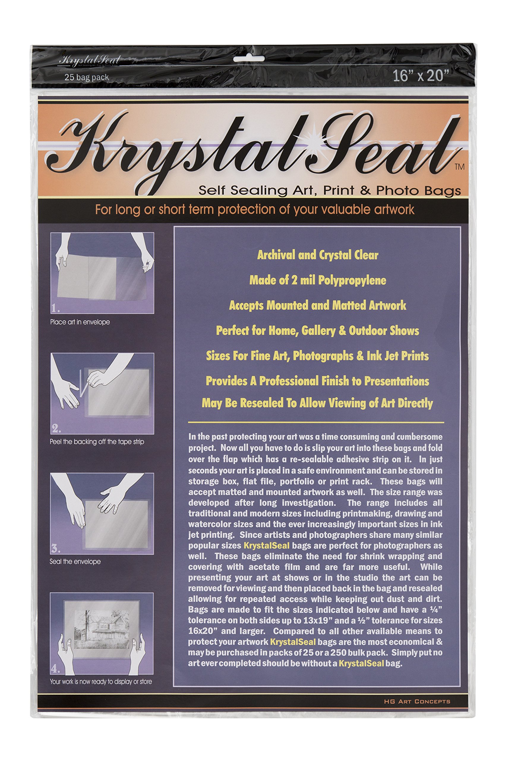 Creative Mark Krystal Seal Art and Photo Bags - Resealable Archival Storage Bags Art Sleeves Plastic Bag Used For Protecting Artwork Resealable With Adhesive Strip - [25 Pack - 16 x 20"]