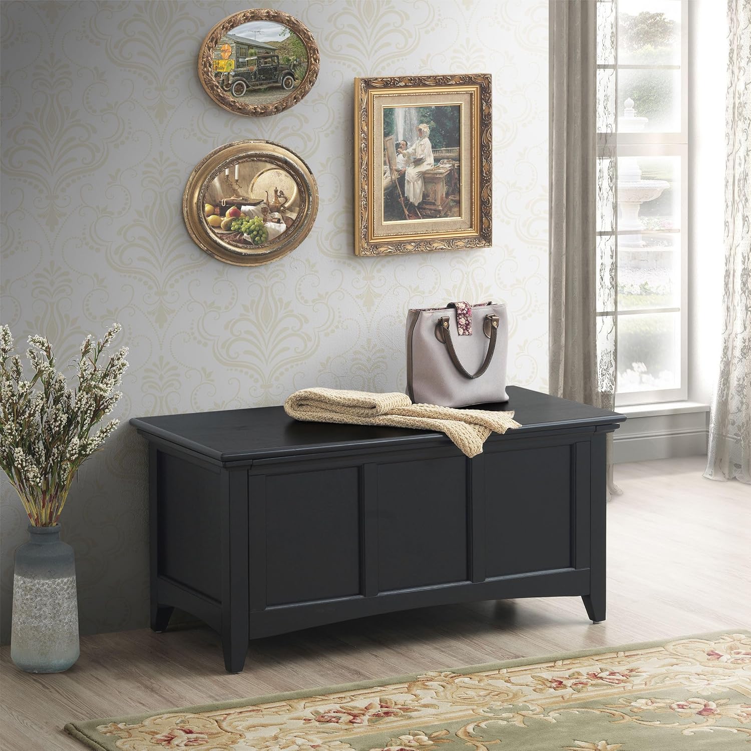 Carolina Chair & Table Blanket Chest Storage with Hinged Lid – Vintage Storage Compartment for Shoe, Toy Box – Wooden Furniture Organizer for Entryway or Living Room (Antique Black)