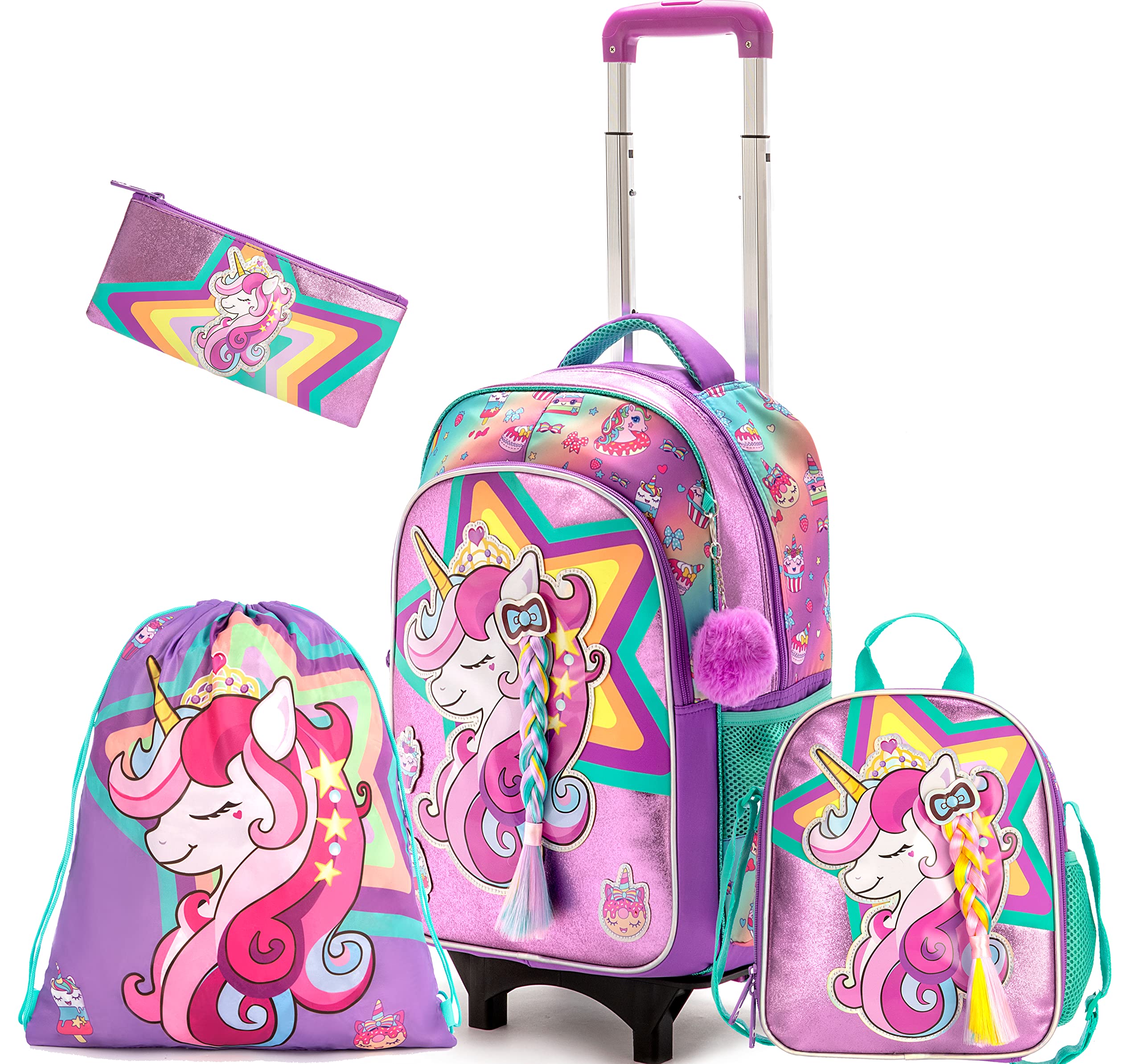 Meetbelify Niñas Unicornio Ruedas Mochila Mochilas Niños Equipaje para Primaria Preescolar Estudiantes Lindo Maleta Trolley Viaje Mochila con Ruedas con Fiambrera para Gi