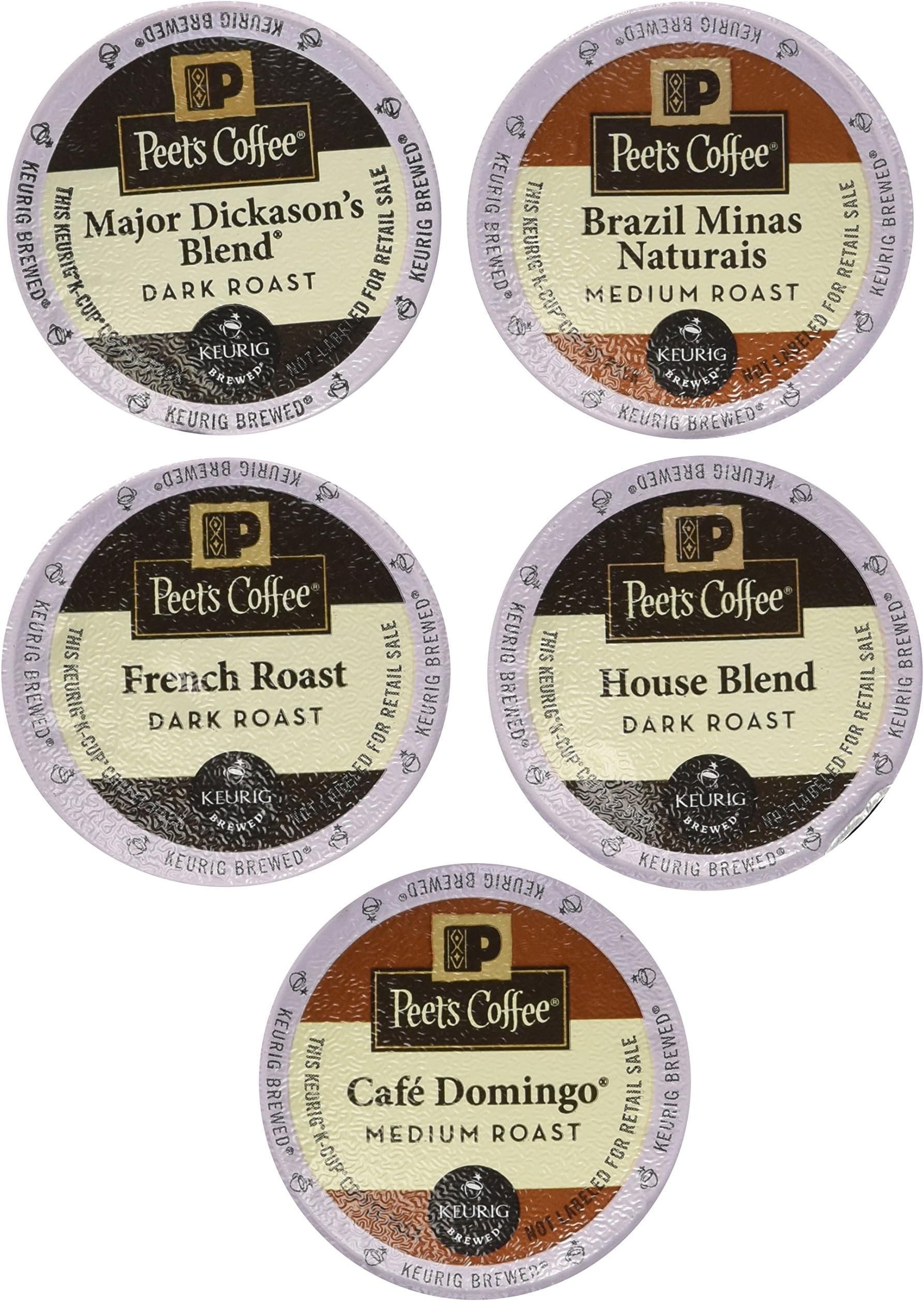 New! 20 K-cup Peets Coffee Sampler Variety PackNo Decaf (2014 Brazil Minas Naturais, Cafe Domingo, House Blend, Major Dickasons, French Roast)