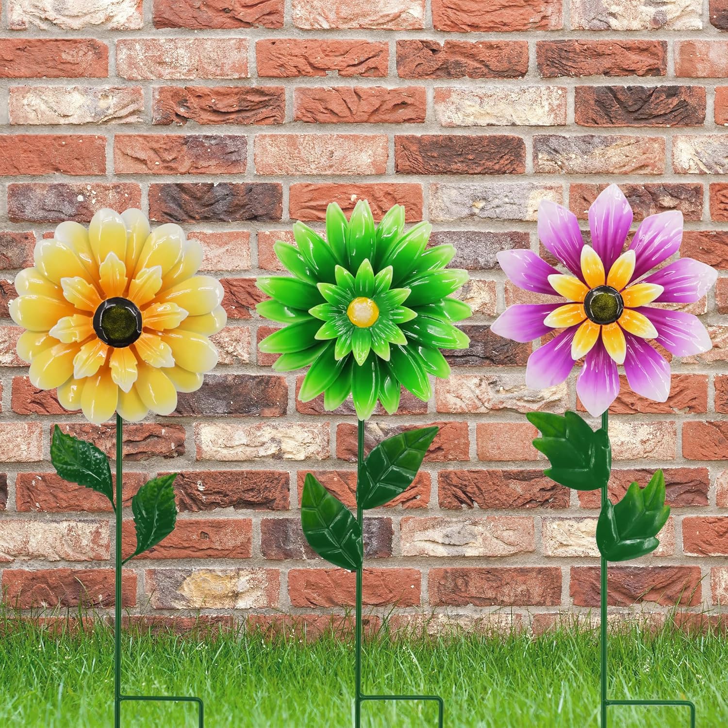 3 Pack Metal Flower Wind Spinners, Kinetic Garden Stakes with H-Base, Colorful 3D Floral Windmills for Yard, Patio, Lawn, and Pathway Decor (Yellow, Green, Purple)