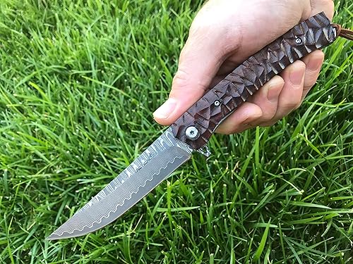 Miniatura 6 de TACTICAL GEARZ Cuchillo de bolsillo de Damasco - Cuchillo plegable EDC con mango de palisandro - Hoja VG10 de acero de Damasco de 67 capas para