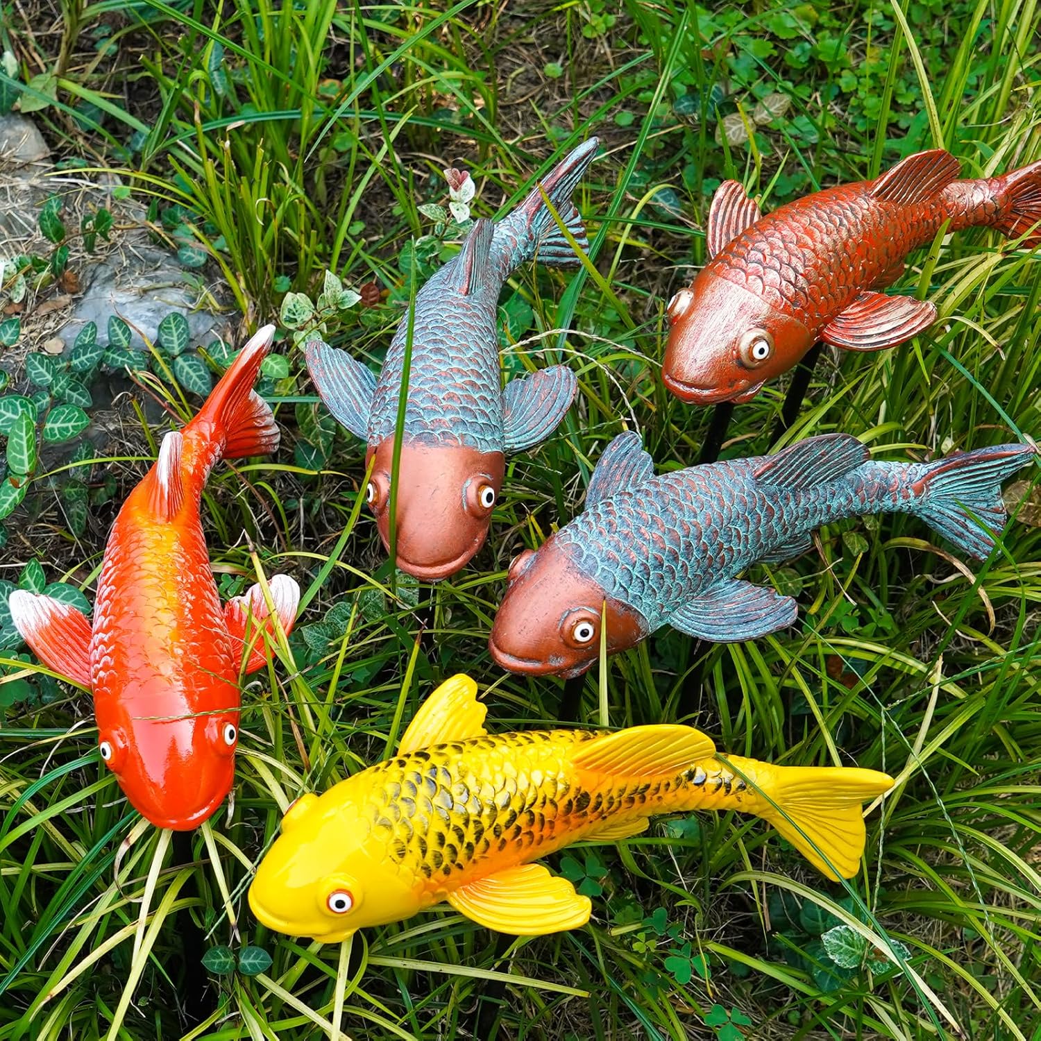 Set of 2 Koi Fish Garden Stakes, Red & Gold Resin Sculptures, Weatherproof Outdoor Patio Pond Decor, Feng Shui Yard Art, Easy Setup Gift(B&Y)