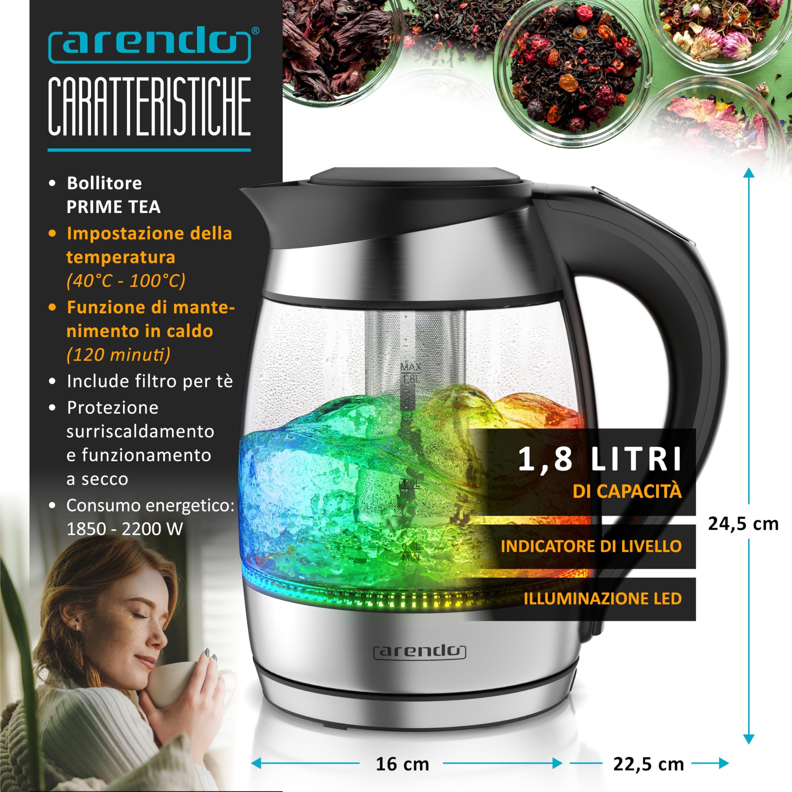Arendo - Bollitore in vetro da 1,8 litri con filtro per il tè, 2200 Watt, In acciaio inossidabile, Intervallo di temperatura da 40 °C a 100 °C, Funzione di mantenimento in caldo, Illuminazione LED