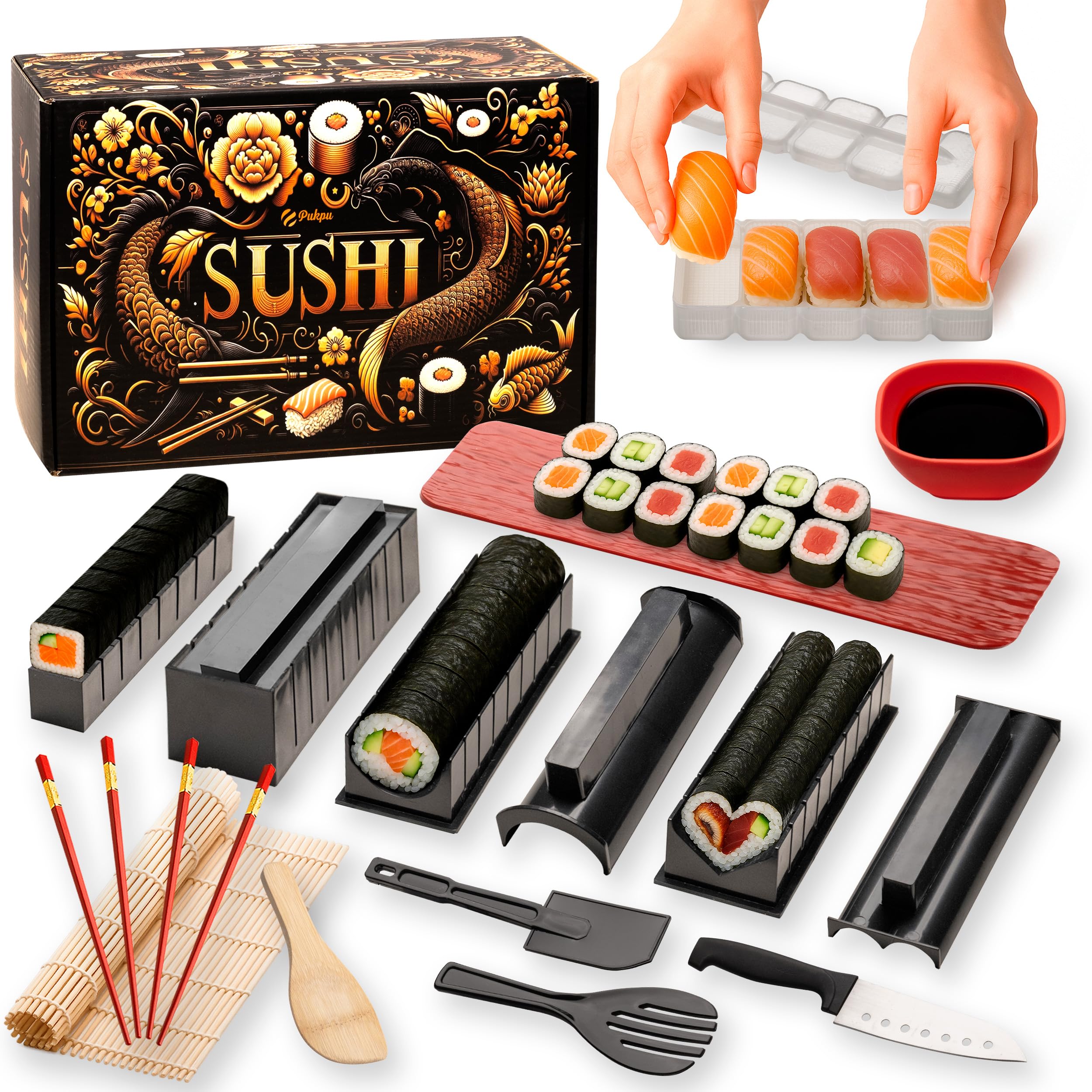 Kit Sushi 15 Pezzi - Sushi Kit Fai da Te con Stampi Nigiri, Tappetino Bambù, Coltello, Bacchette e Vassoio - Set Sushi Maker Casa con Guida e Video - Offerta Speciale per Rinnovo Stock Limitato