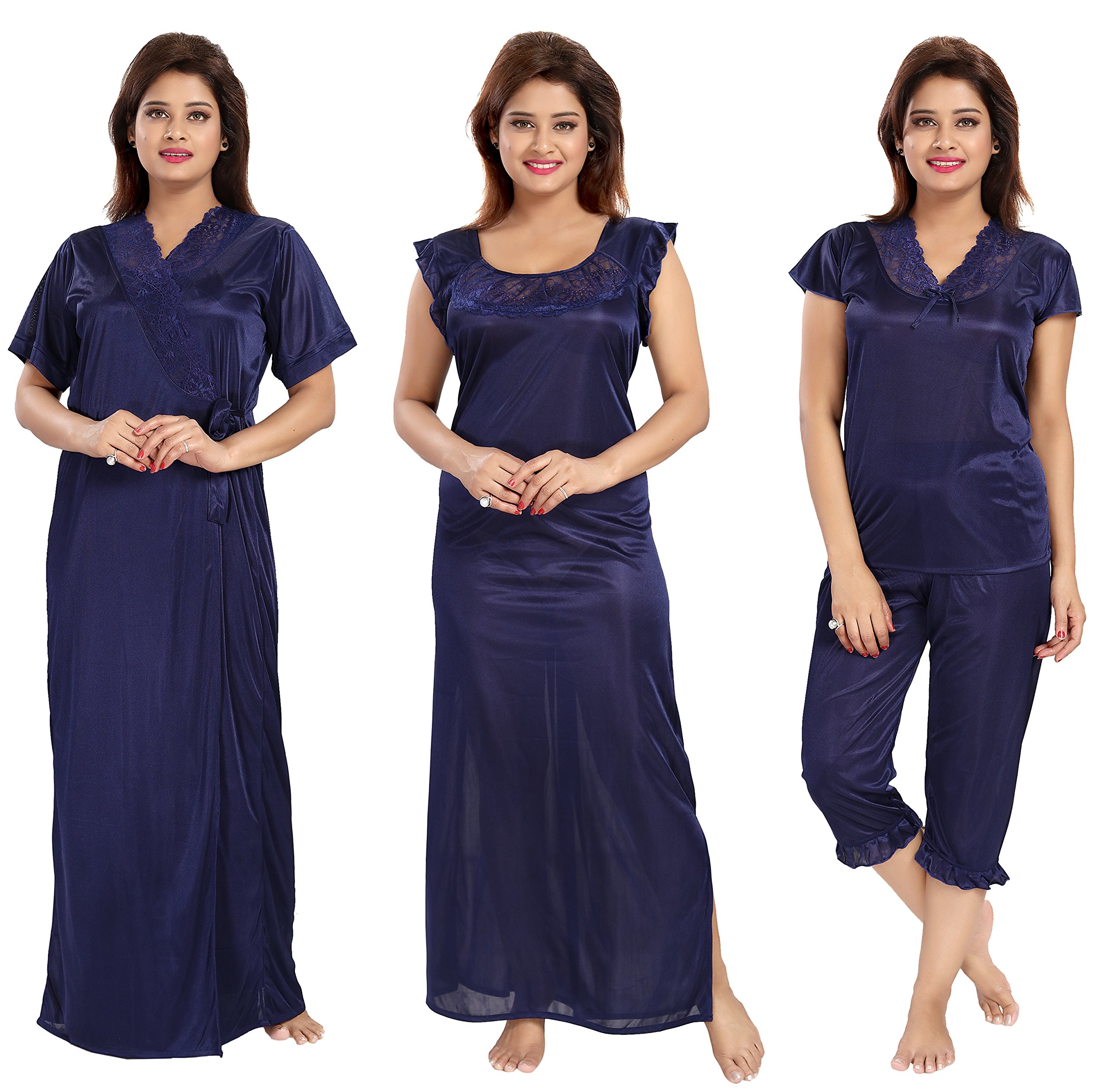 Women's Satin Plain/Solid Nightwear Set Pack of 4-image-9