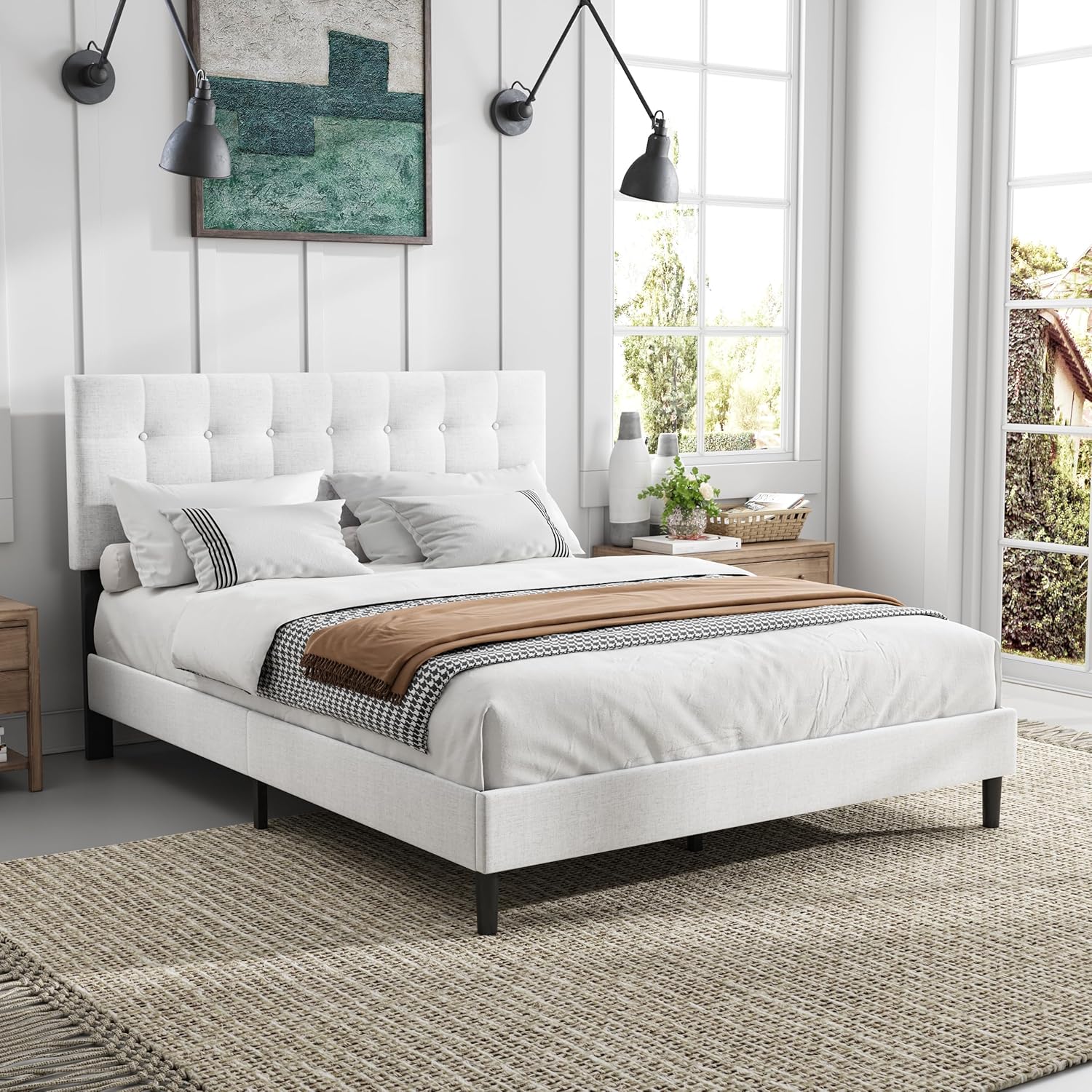 RYR Queen Size Upholstered Bed Collection, Elevate Your Bedroom with Our Velvet Wingback Upholstered Beds. Easy Assembly, No Box Spring Needed. Transform Your Space Effortlessly.White