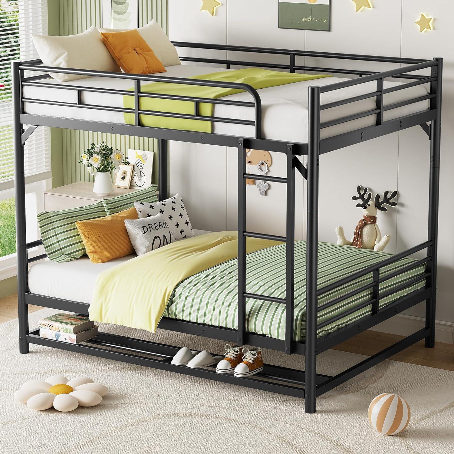 Full Over Full Bunk Bed with Shelf & Guardrail for Adults,Teens, Kids,Convertible Bunk Bedframe w/Ladder for Dorm,Bedroom,Guest Room,Space Saving Design,No Box Spring Needed, Black