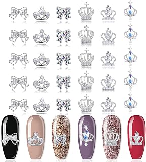 SILPECWEE 30 Pieces Rhinestones For Nails Crown Design Nail Charm 3D Nail Gems Alloy Nail Jewels Nail Decoration Kit With 1Pc Tweezers