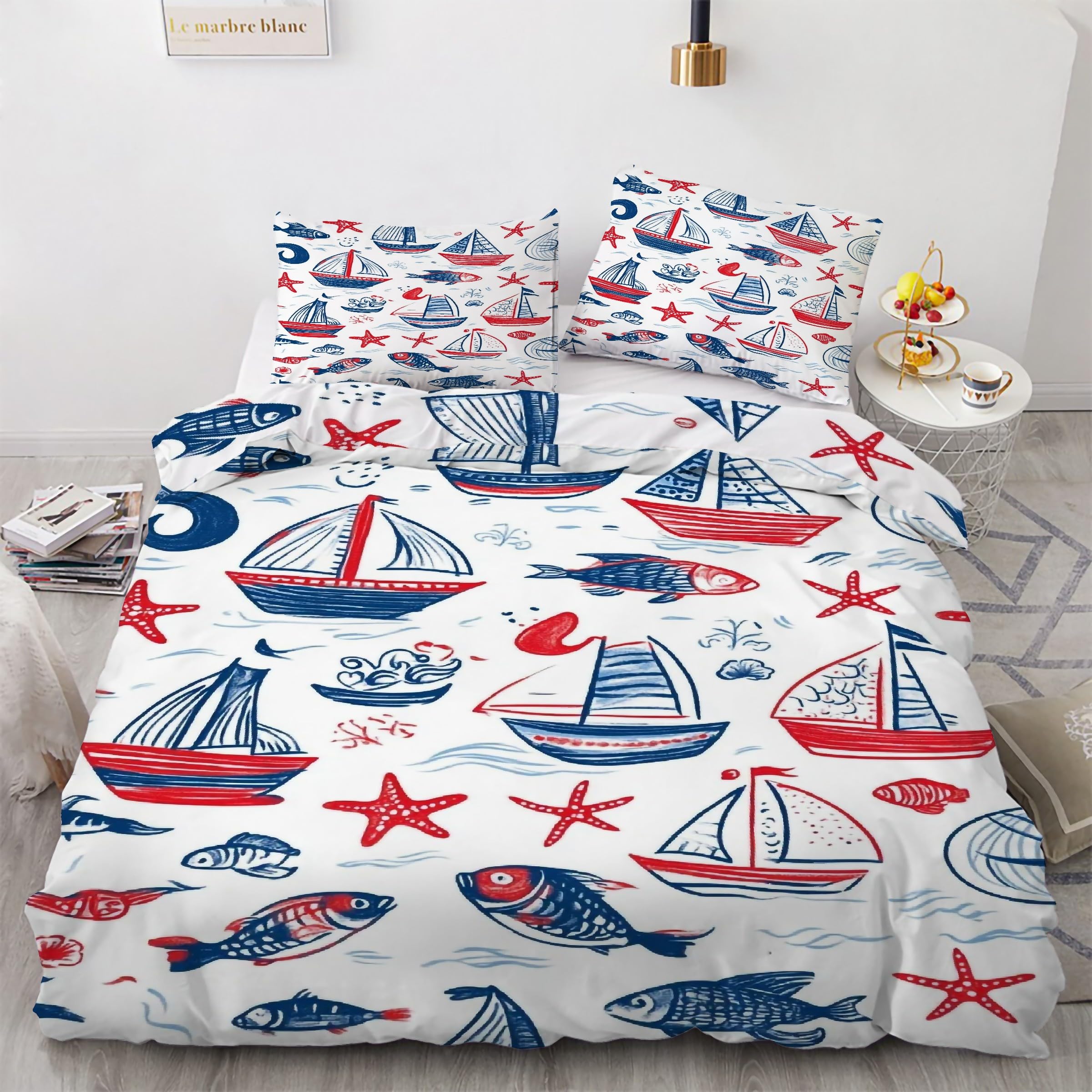 Housse de couette 220x240 voilier avec 2 taies d'oreiller en microfibre KG1541
