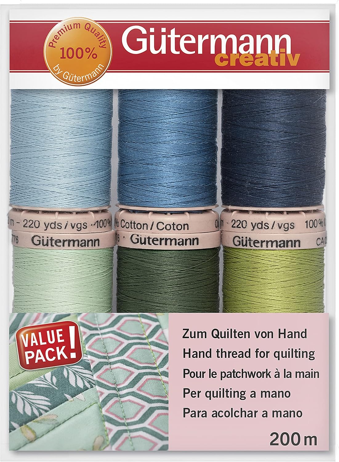 Gutermann Hand Quilting & Embroidery Thread Set - Natural Shades Set of 6 x 200m Spools for Quilting and Sewing.