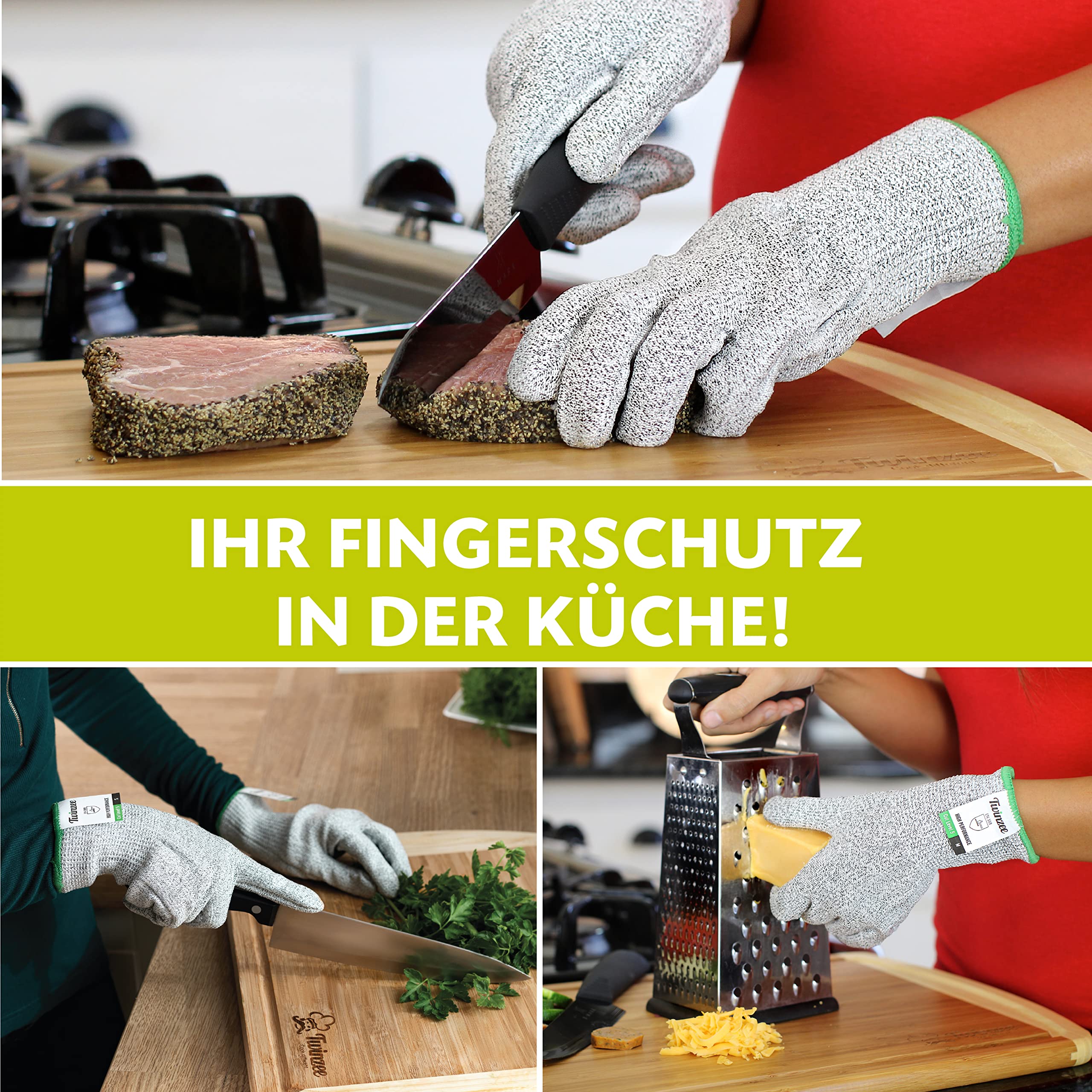 Twinzee Schnittschutzhandschuhe Premium 2 Stück – 1 Paar Stufe E (EN 388) Schnittfeste Handschuhe für Küche, Garten, Schneiden & Holzarbeiten