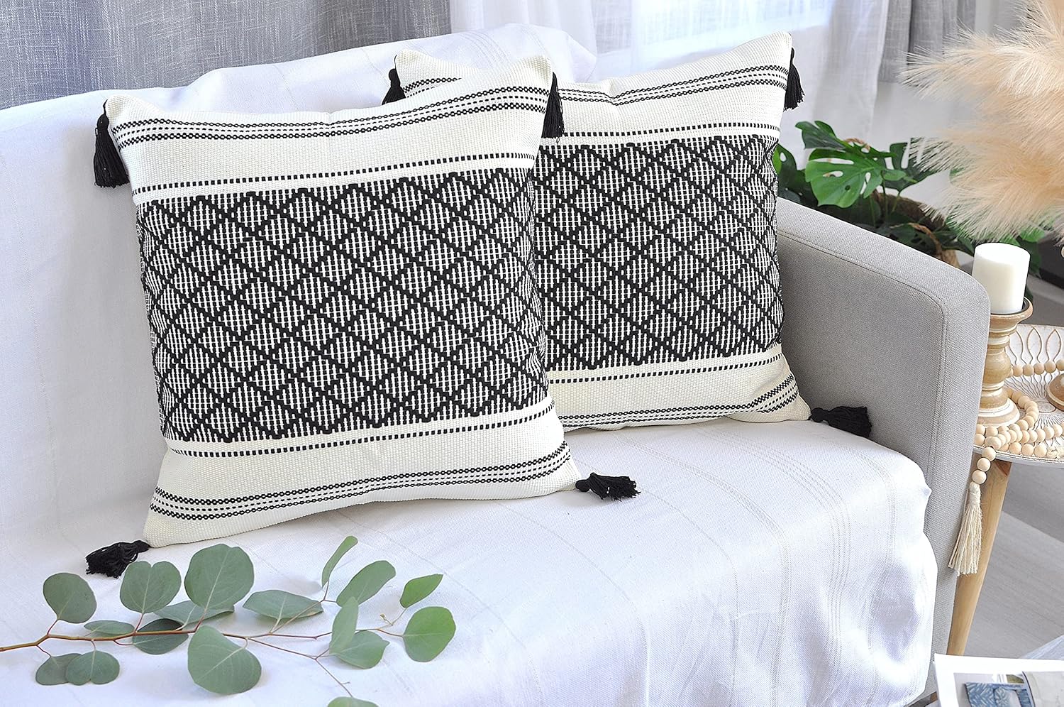 Black and White Pillow Covers with Tassels 18x18 inch - Set of 2 Outdoor or Indoor/Mid Century Modern Decorative Retro Plaid Farmhouse Woven Pillow Cases/Boho Accent Patio Cushion Covers