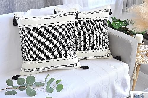 Miniatura 3 de Juego de 2 fundas de almohada bohemias con borlas (negro, 18 x 18 pulgadas, fundas de cojín decorativas para sala de estar, fundas de almohada