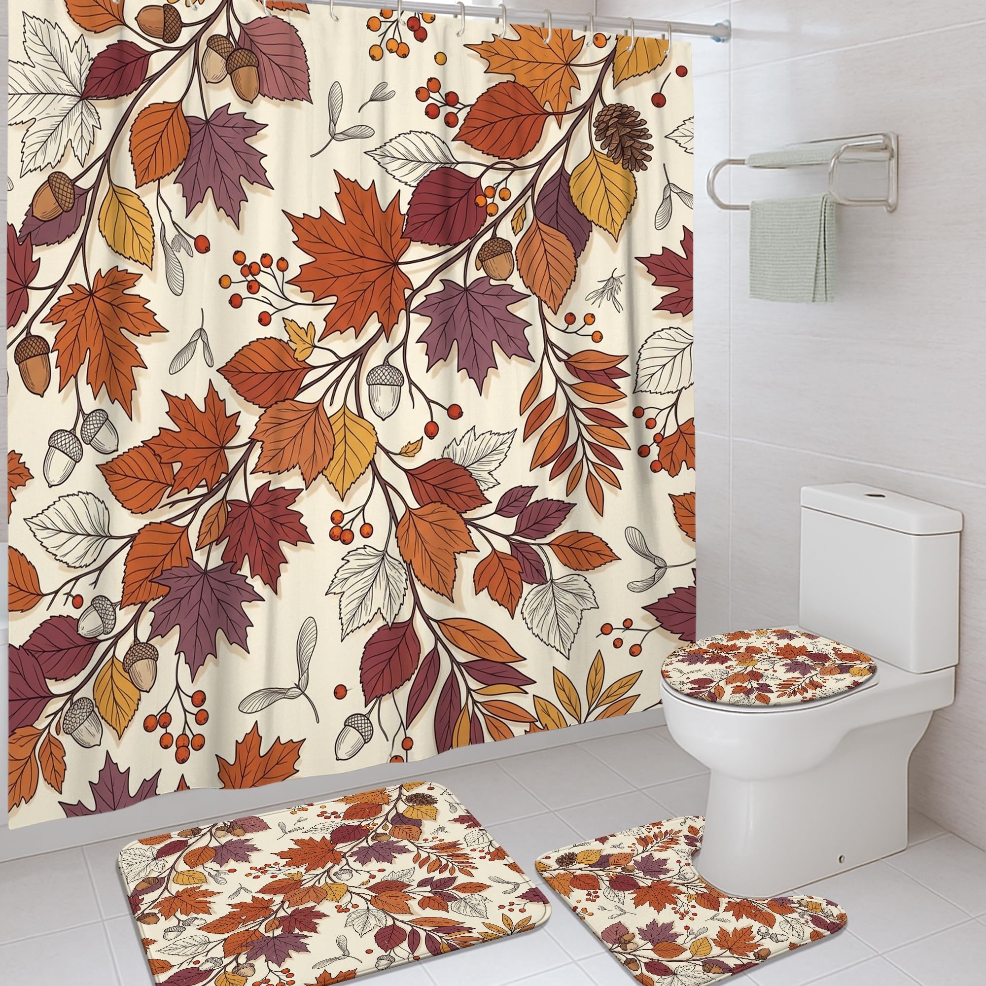 Rideau de douche automne orange et tapis assorti pour une ambiance de bain chaleureuse