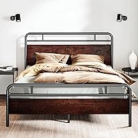 Vista 14 de SHA CERLIN Base de cama tamaño King con cabecera y pie de cama de madera, estructura de metal con esquinas redondeadas, listones de servicio pesado