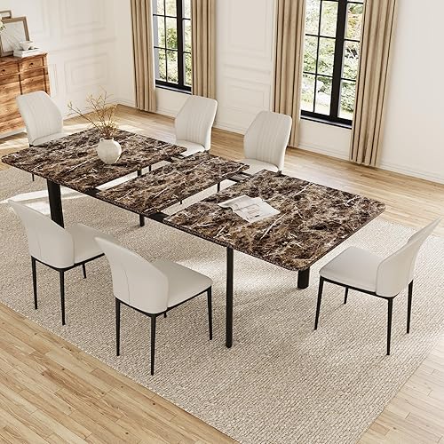 Miniatura 5 de Juego de mesa de comedor extensible para 6-8 personas, mesa de cocina MDF de 63 a 78.7 pulgadas con 6 sillas tapizadas, ahorro de espacio para Mesa