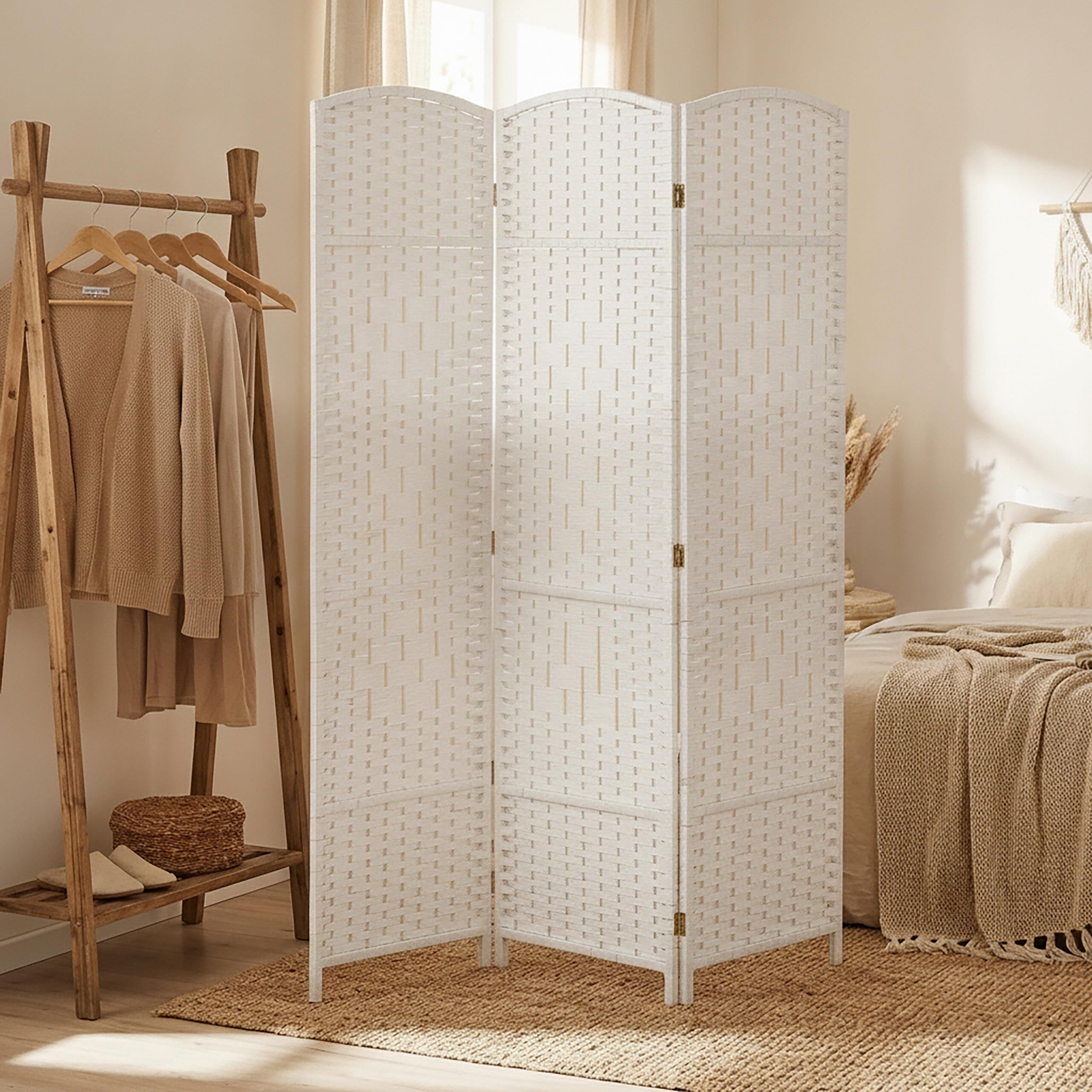 Relaxdays Paravent, Bois et Corde de Papier, Brise-Vue Pliable, 3 Volets, H x L : 170 x 120 cm, pour intérieur, Blanc
