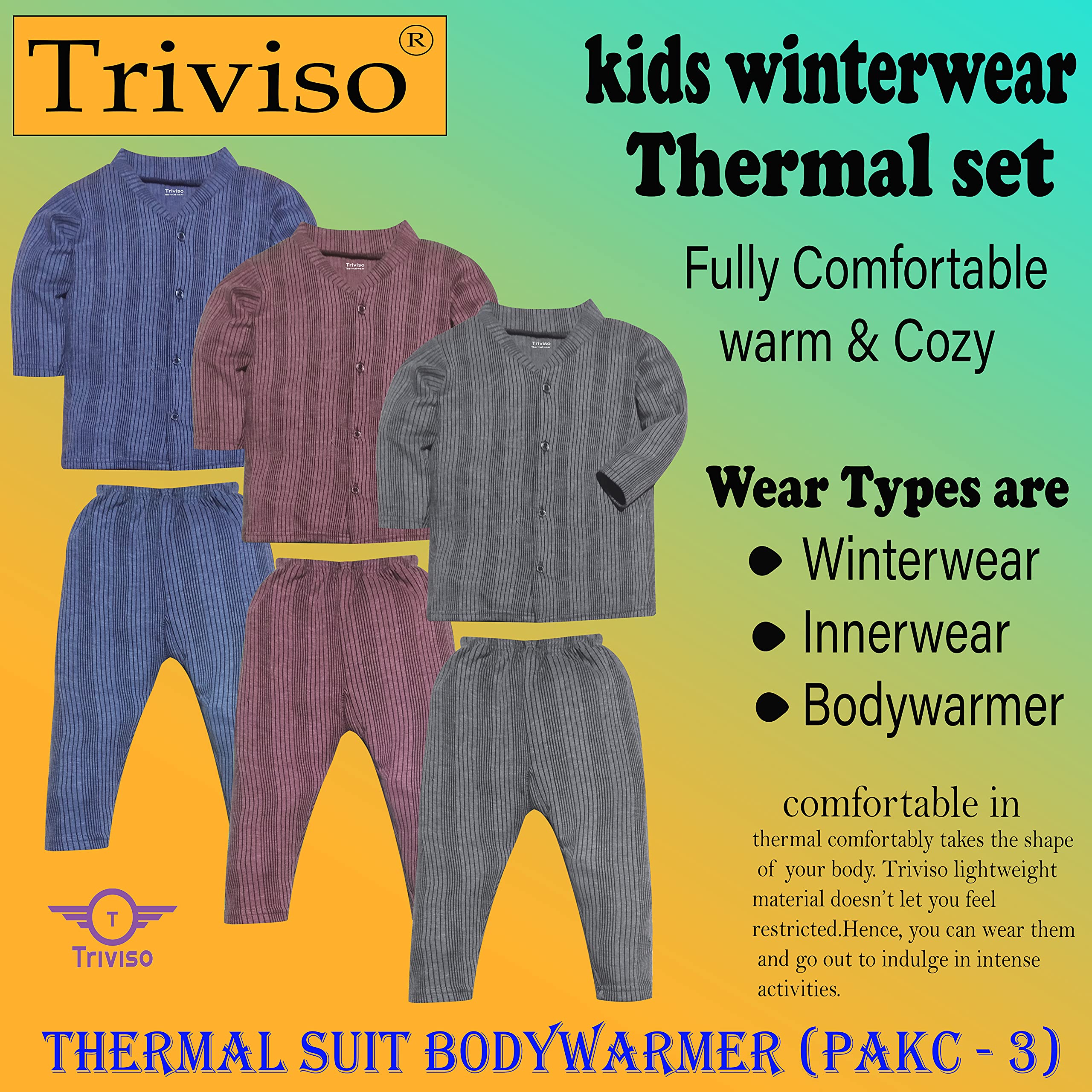 Triviso Kids Winter Wear Thermal Suit Full Sleeves Front Open Top & Pajama Set Body Warmer for Boys & Girls (0-36 Month; Pack of 3) Multicolour - Image 2 thumbnail