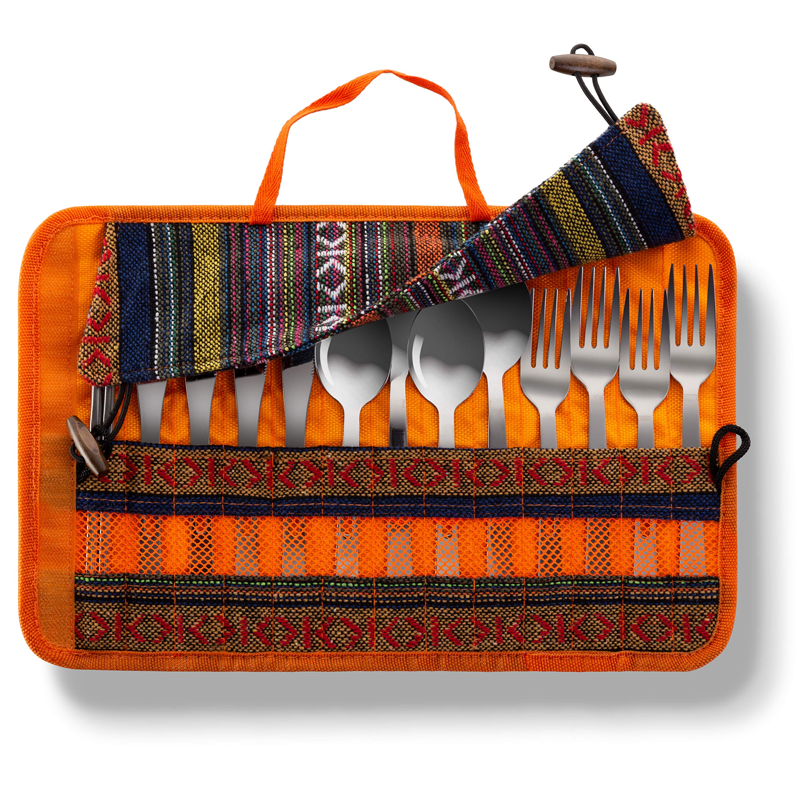 Set da viaggio per posate e utensili, 13 pezzi, espositore per posate, in cotone e lino, con manico per escursionismo, picnic, barbecue, forchette cucchiai, coltelli e bacchette