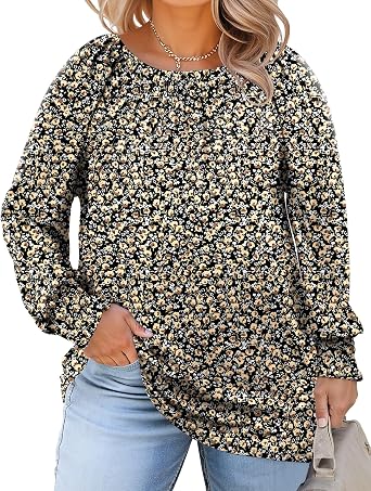 Micoson Womens Plus Size Tops Long Sleeve Shirts Crewneck Pleated Blouses Dressy Casual Fashion Tunic Top 1X-5X