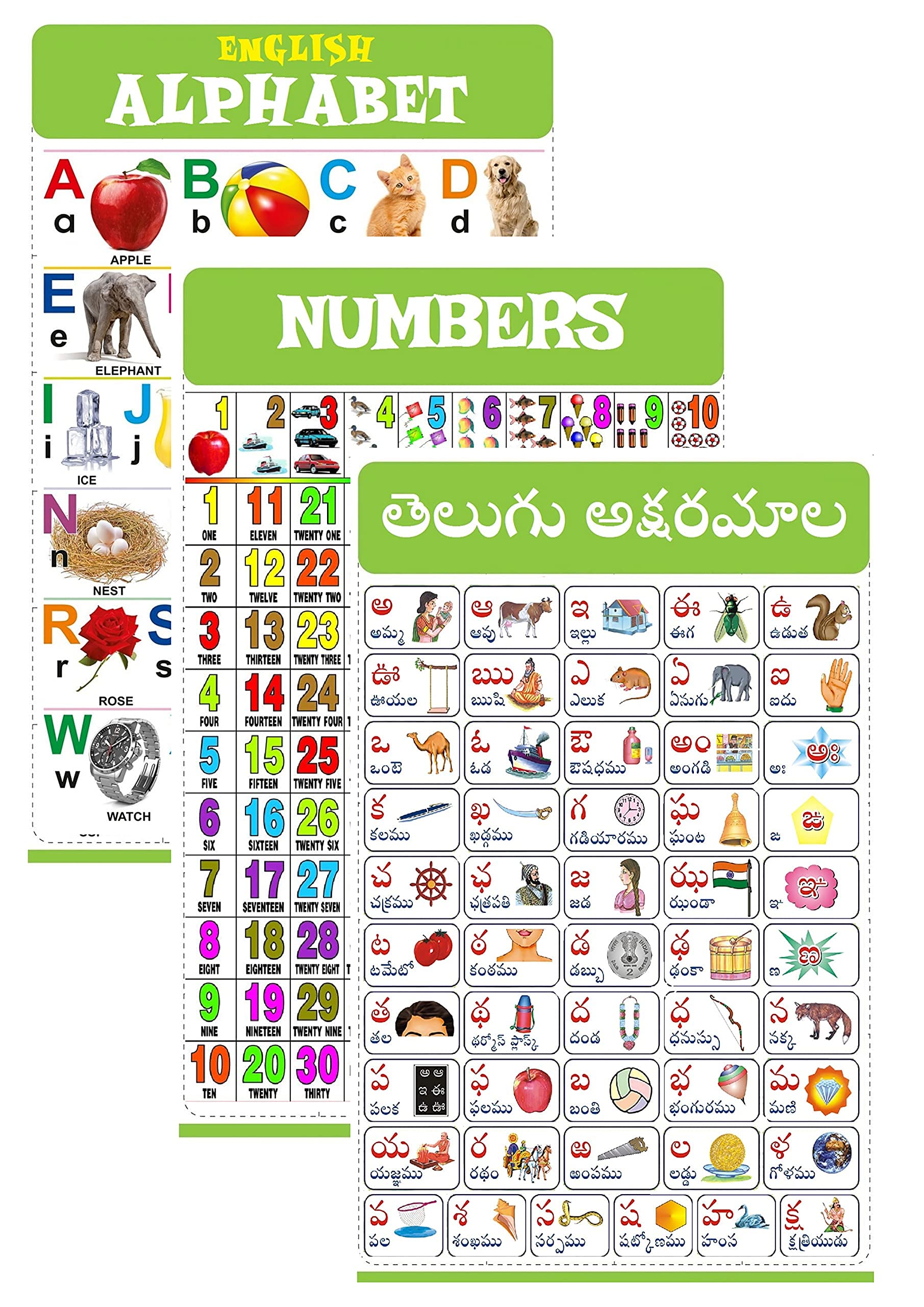 VCB Telugu Chart for Kids 47x65 cm (19x26 Inch) Mega Size (3 Charts) - Laminated Early Learning Education Wall Picture Chart | Telugu Alphabets, English Alphabets & Numbers