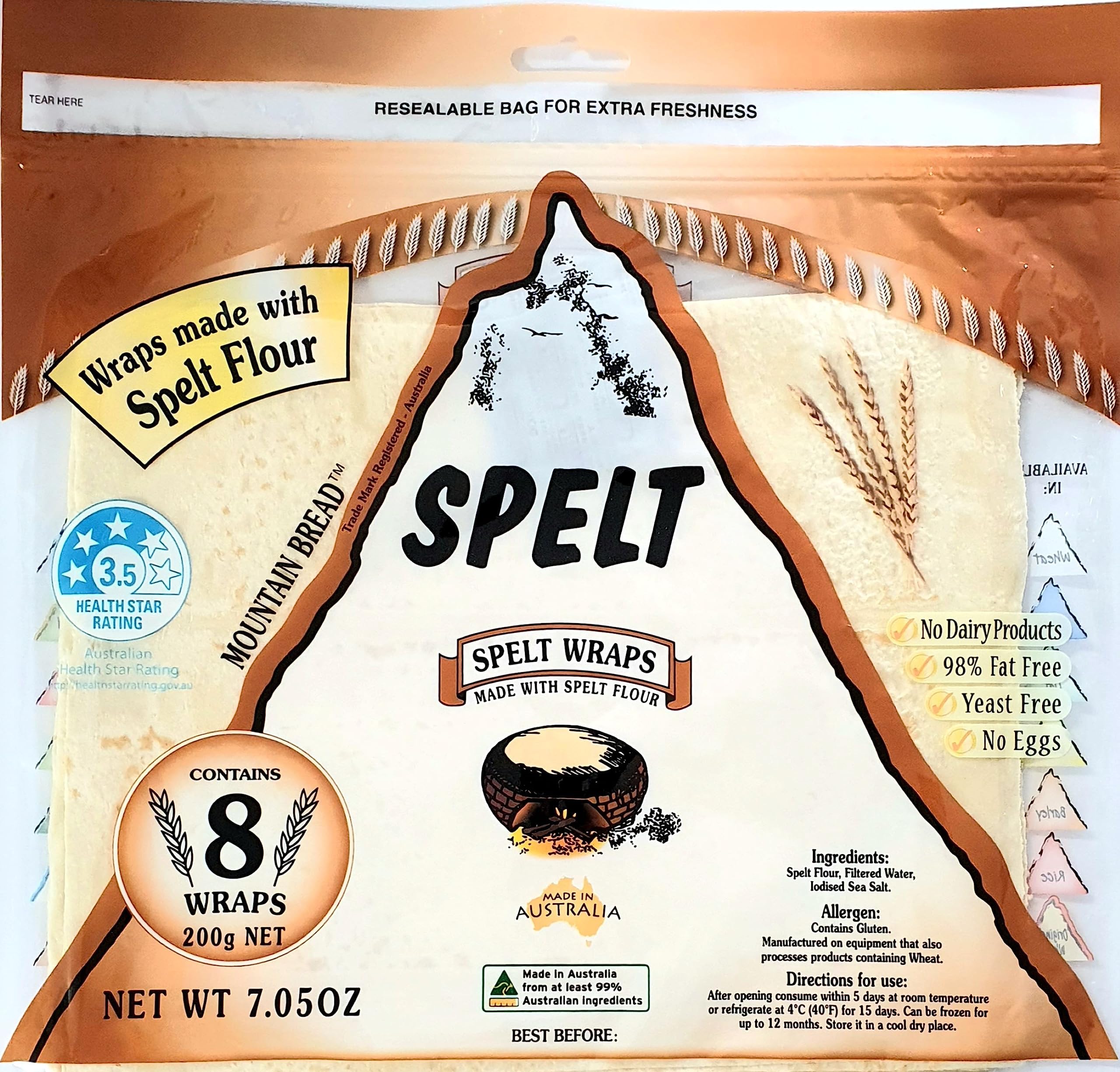 Mountain Bread 1 Pack, 8 Wraps (Spelt)